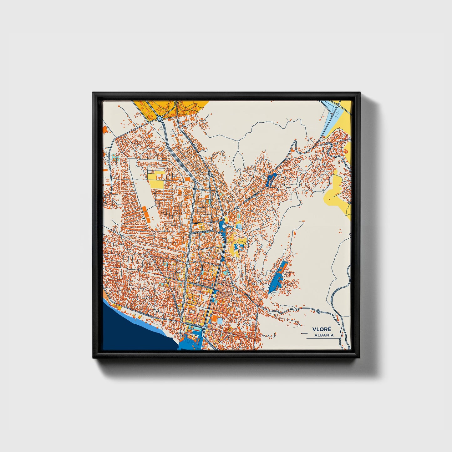 Vlorë Albania Colorful City Map Canvas Print • Black Framed