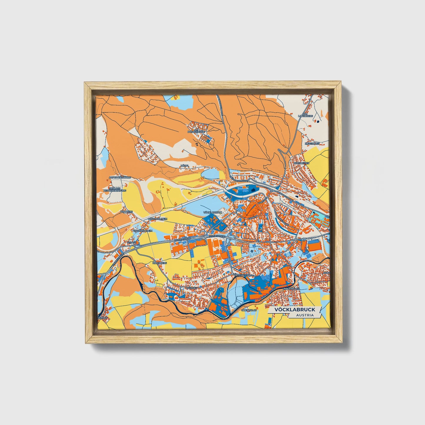 Vöcklabruck Austria Colorful City Map Canvas Print • Natural Wooden Framed