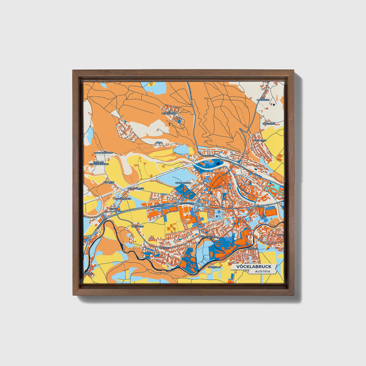 Vöcklabruck Austria Colorful City Map Canvas Print • Dark Wooden Framed