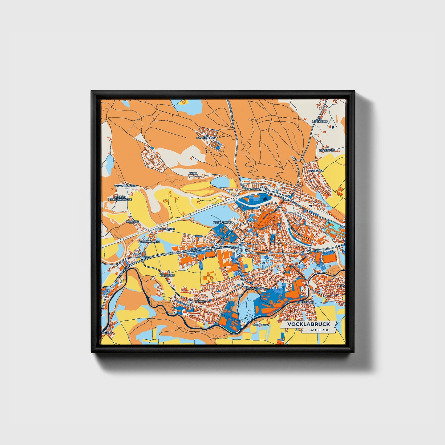 Vöcklabruck Austria Colorful City Map Canvas Print • Black Framed