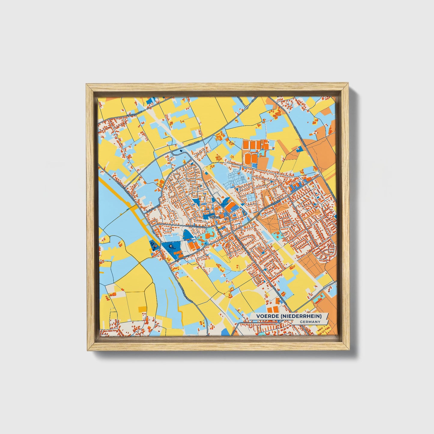 Voerde (Niederrhein) Germany Colorful City Map Canvas Print • Natural Wooden Framed