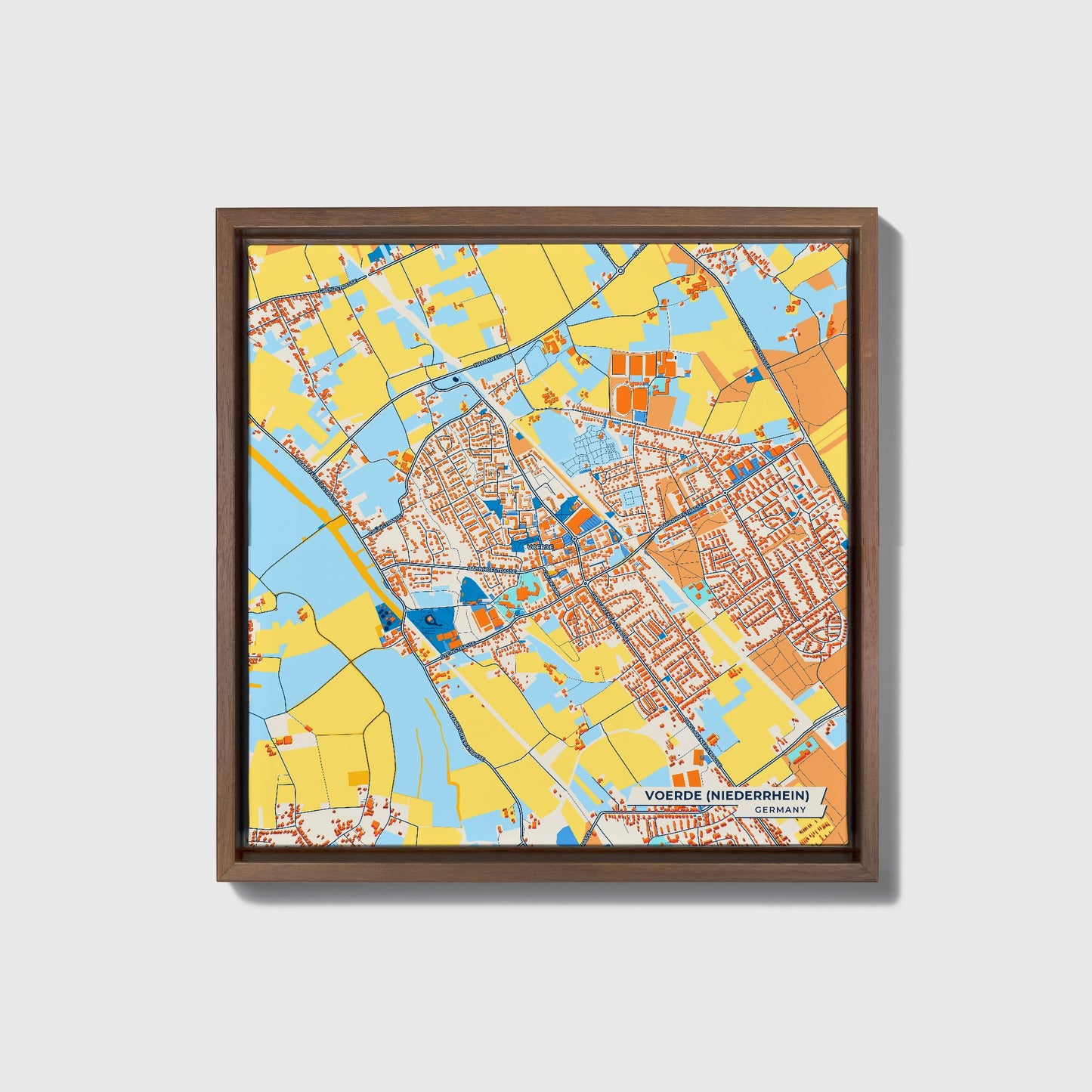 Voerde (Niederrhein) Germany Colorful City Map Canvas Print • Dark Wooden Framed