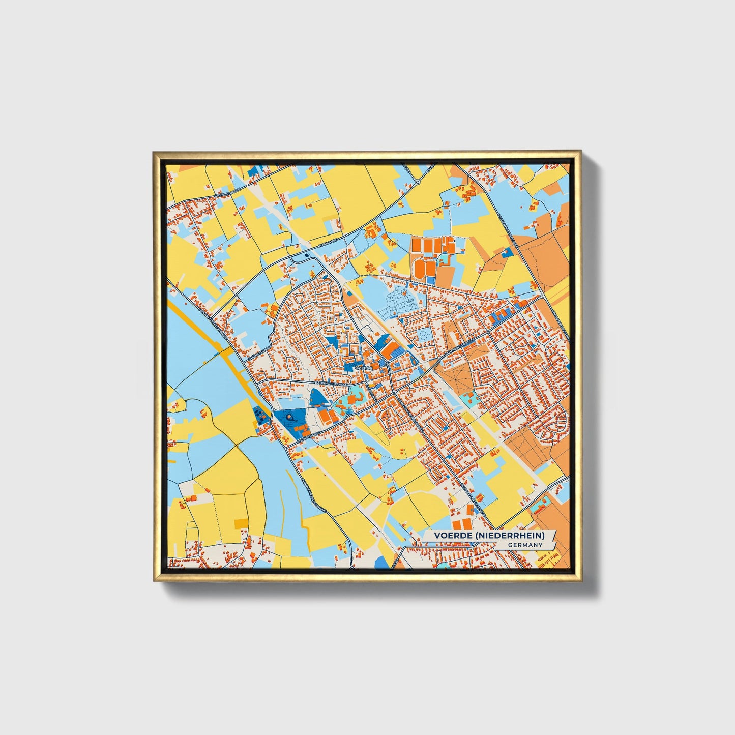 Voerde (Niederrhein) Germany Colorful City Map Canvas Print • Gold Framed