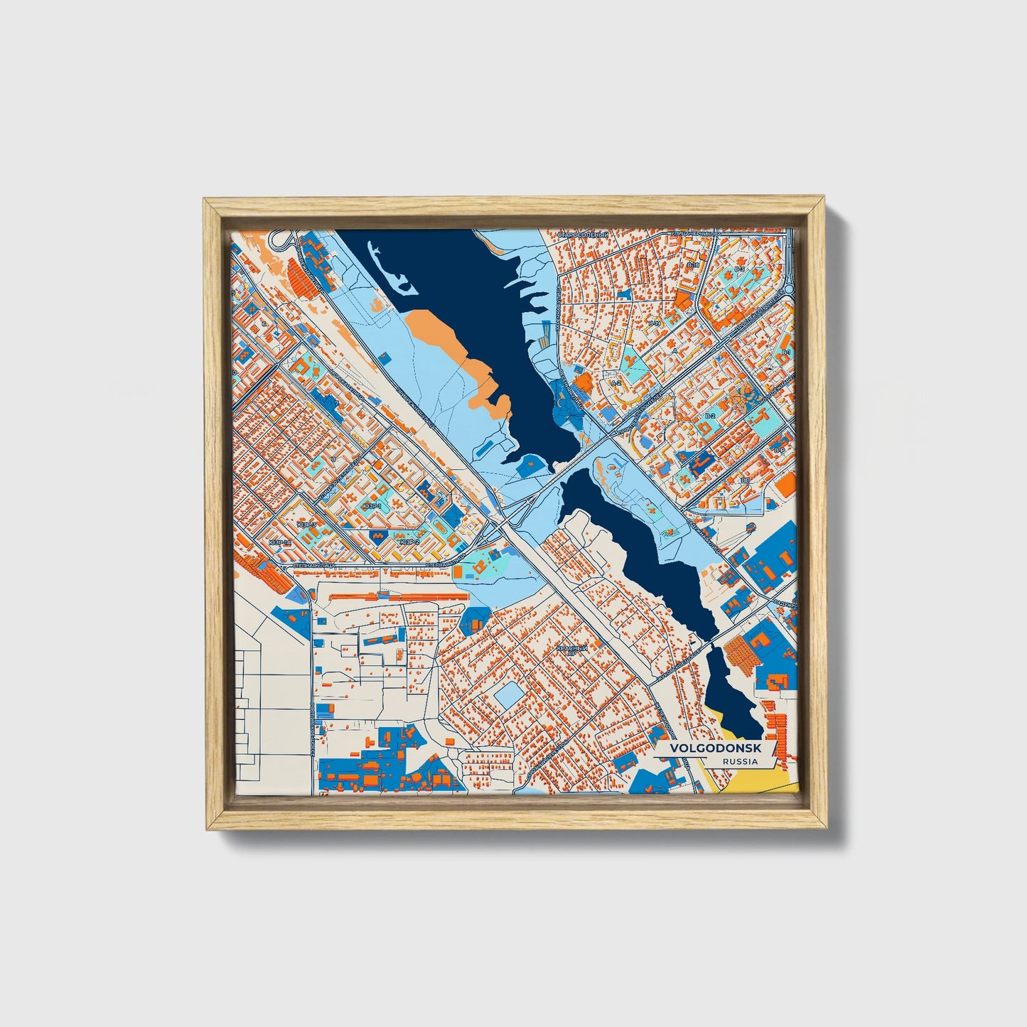 Волгодонск Russia Colorful City Map Canvas Print • Natural Wooden Framed