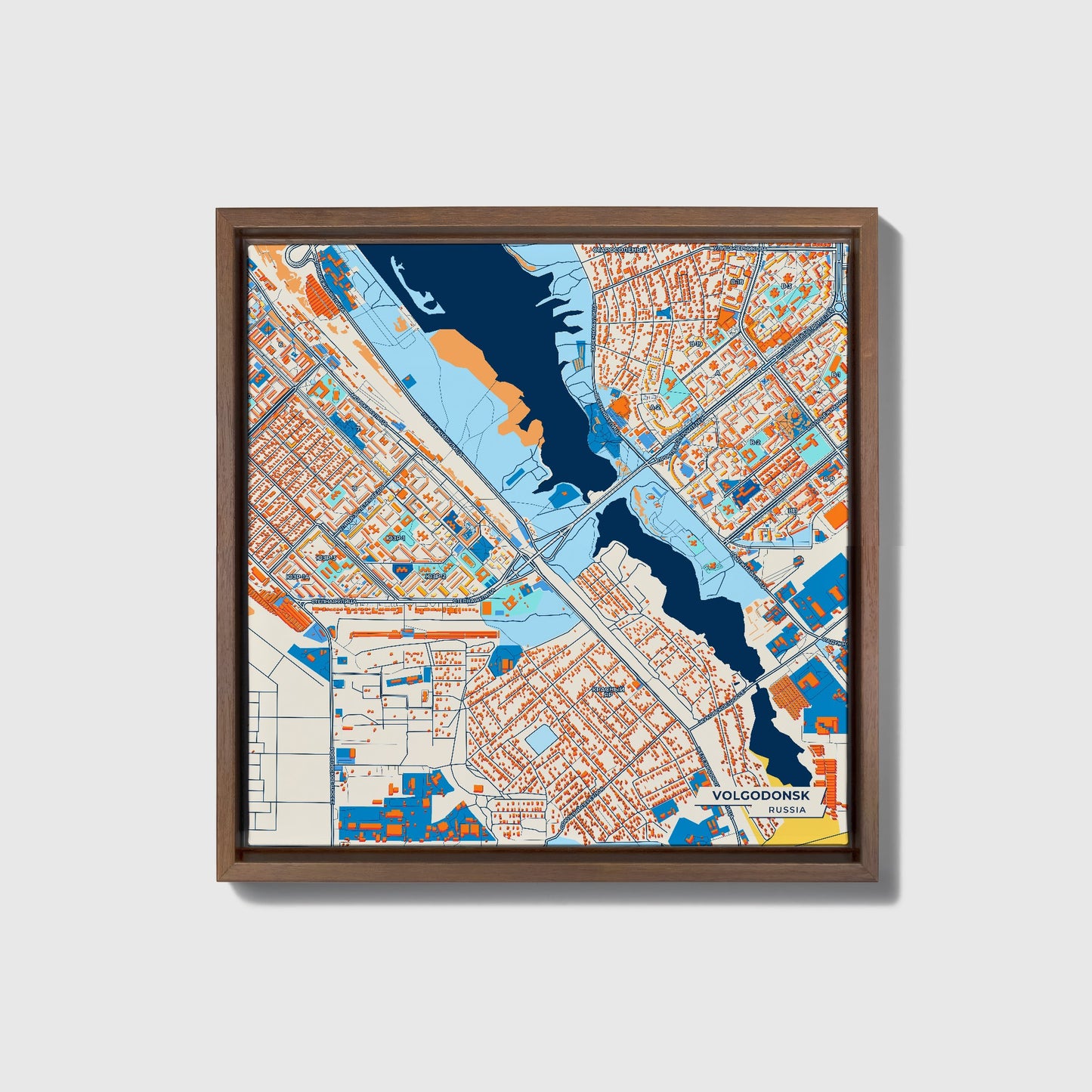 Волгодонск Russia Colorful City Map Canvas Print • Dark Wooden Framed