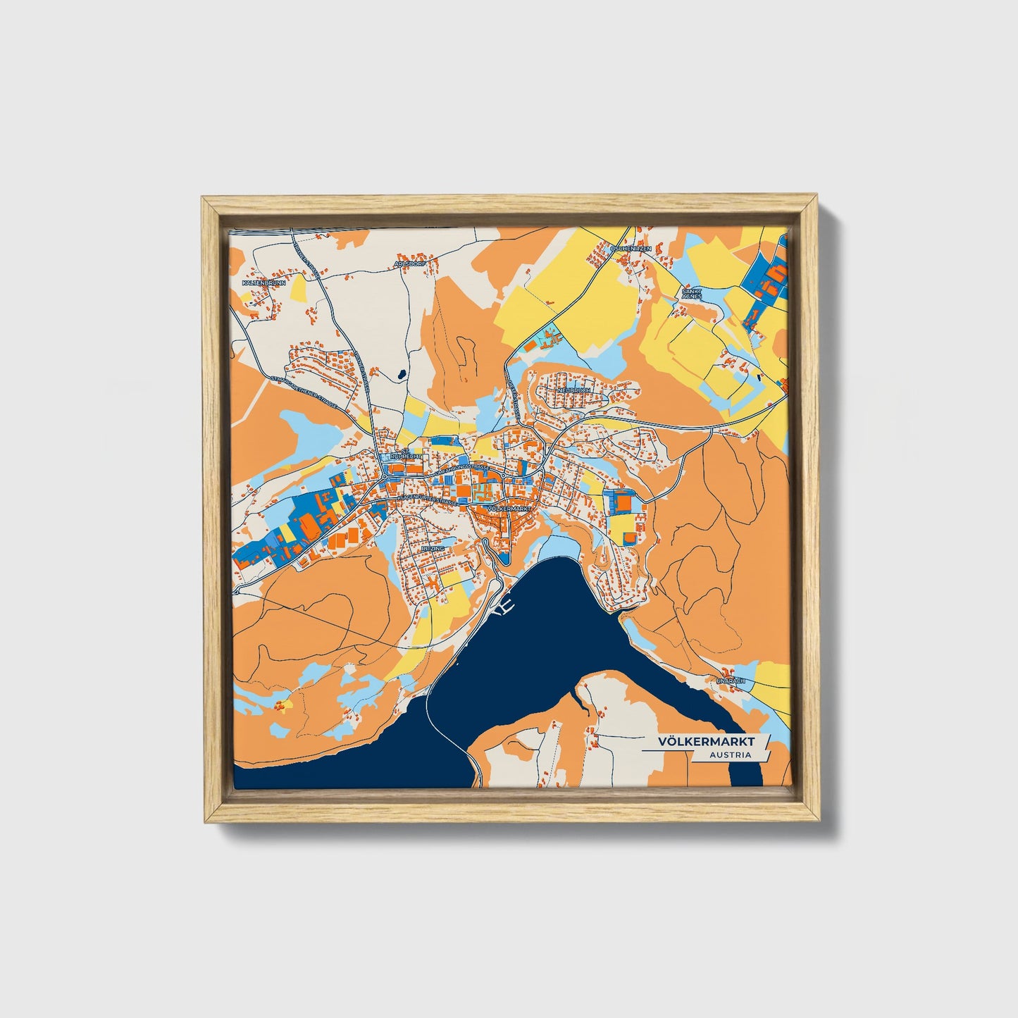 Völkermarkt Austria Colorful City Map Canvas Print • Natural Wooden Framed