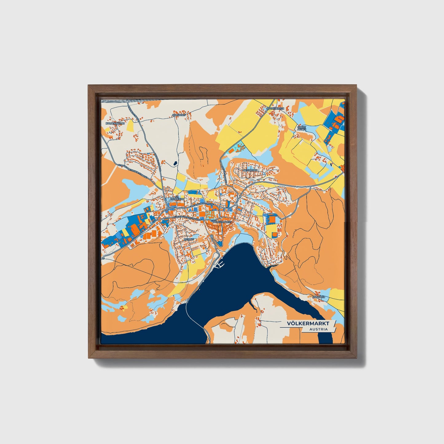 Völkermarkt Austria Colorful City Map Canvas Print • Dark Wooden Framed