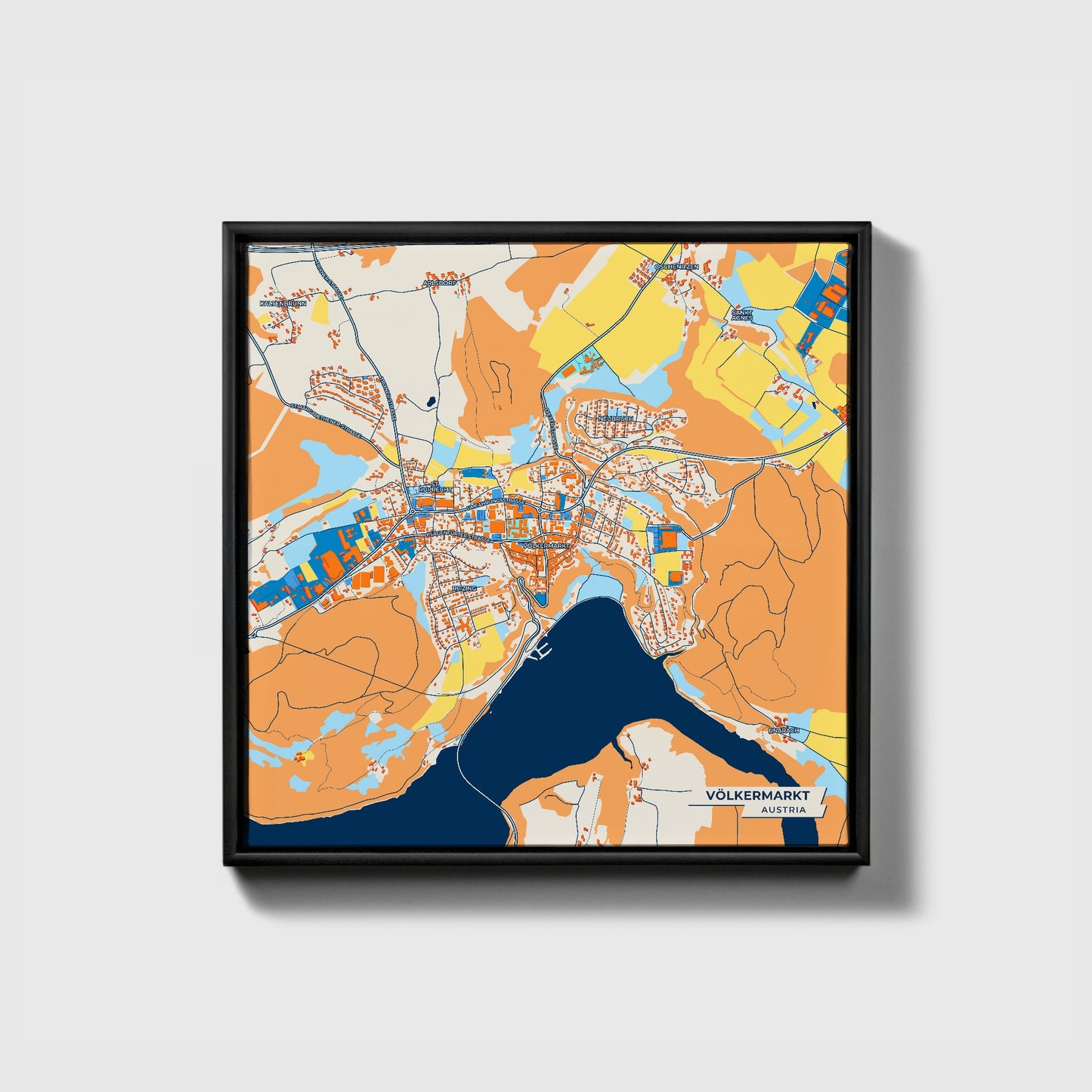 Völkermarkt Austria Colorful City Map Canvas Print • Black Framed