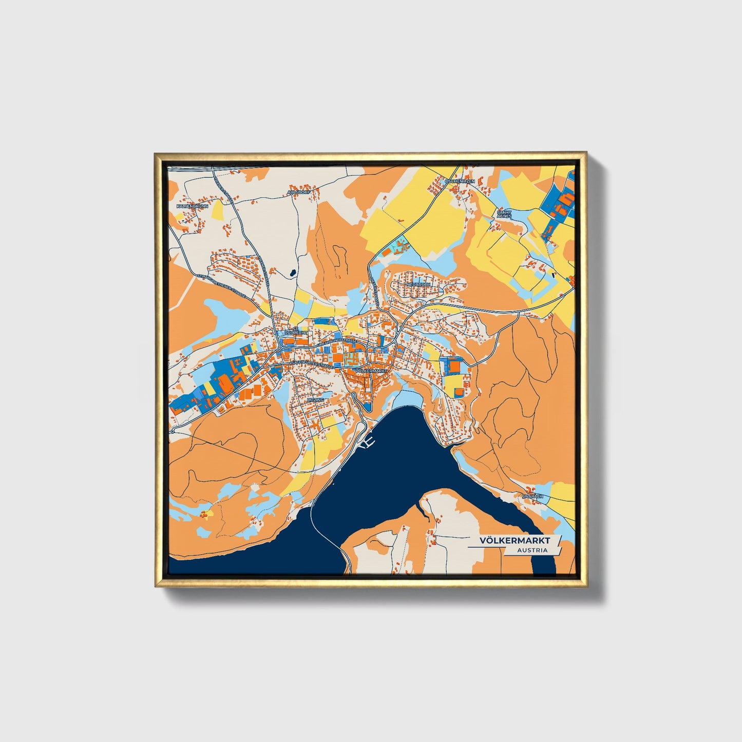 Völkermarkt Austria Colorful City Map Canvas Print • Gold Framed