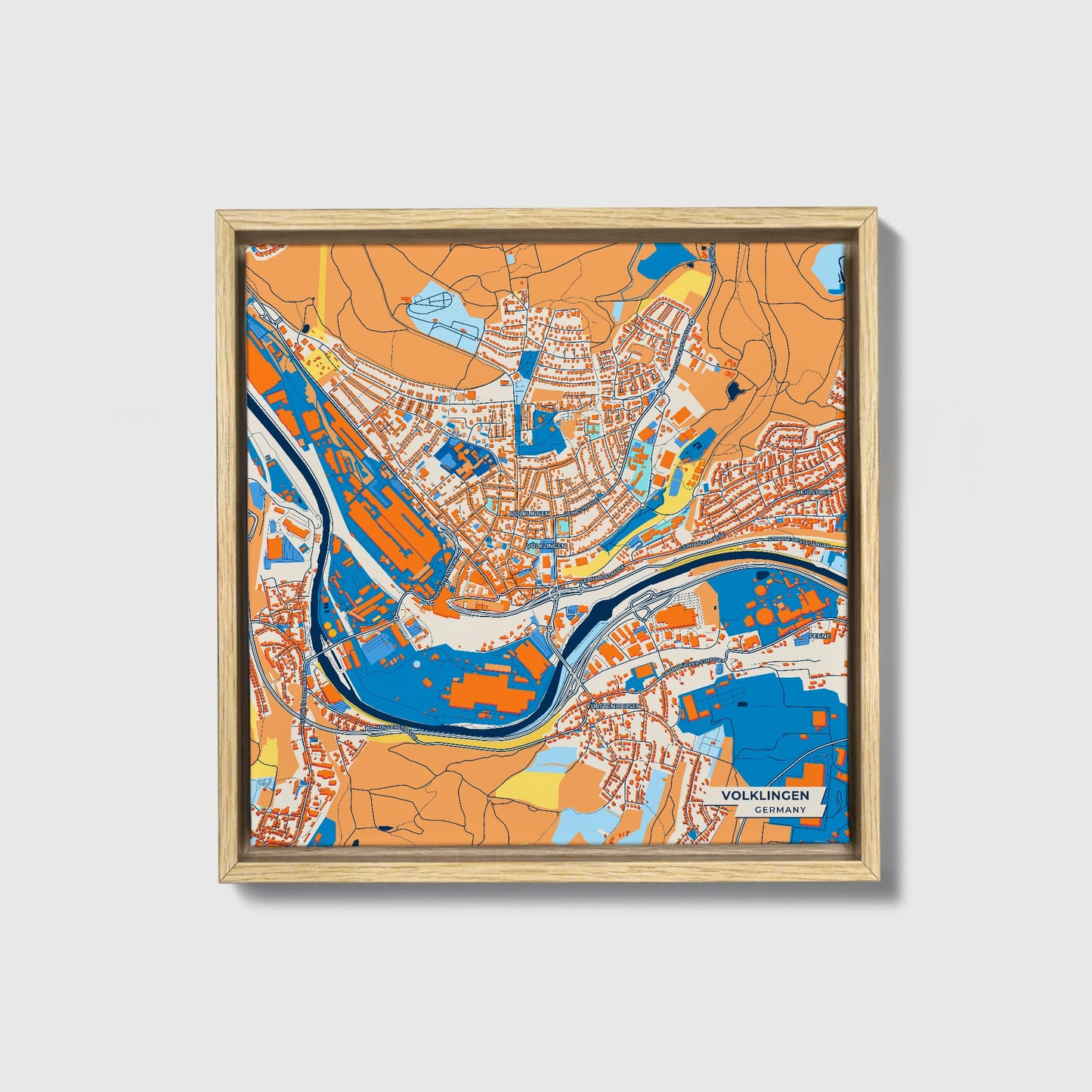 Völklingen Germany Colorful City Map Canvas Print • Natural Wooden Framed
