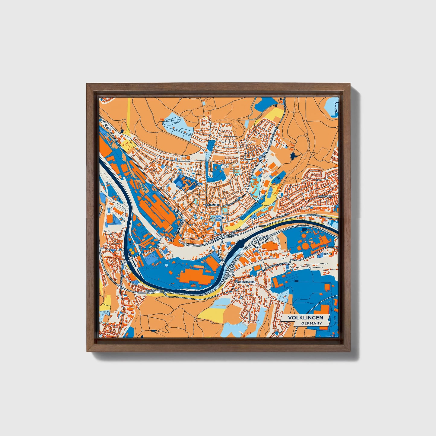 Völklingen Germany Colorful City Map Canvas Print • Dark Wooden Framed