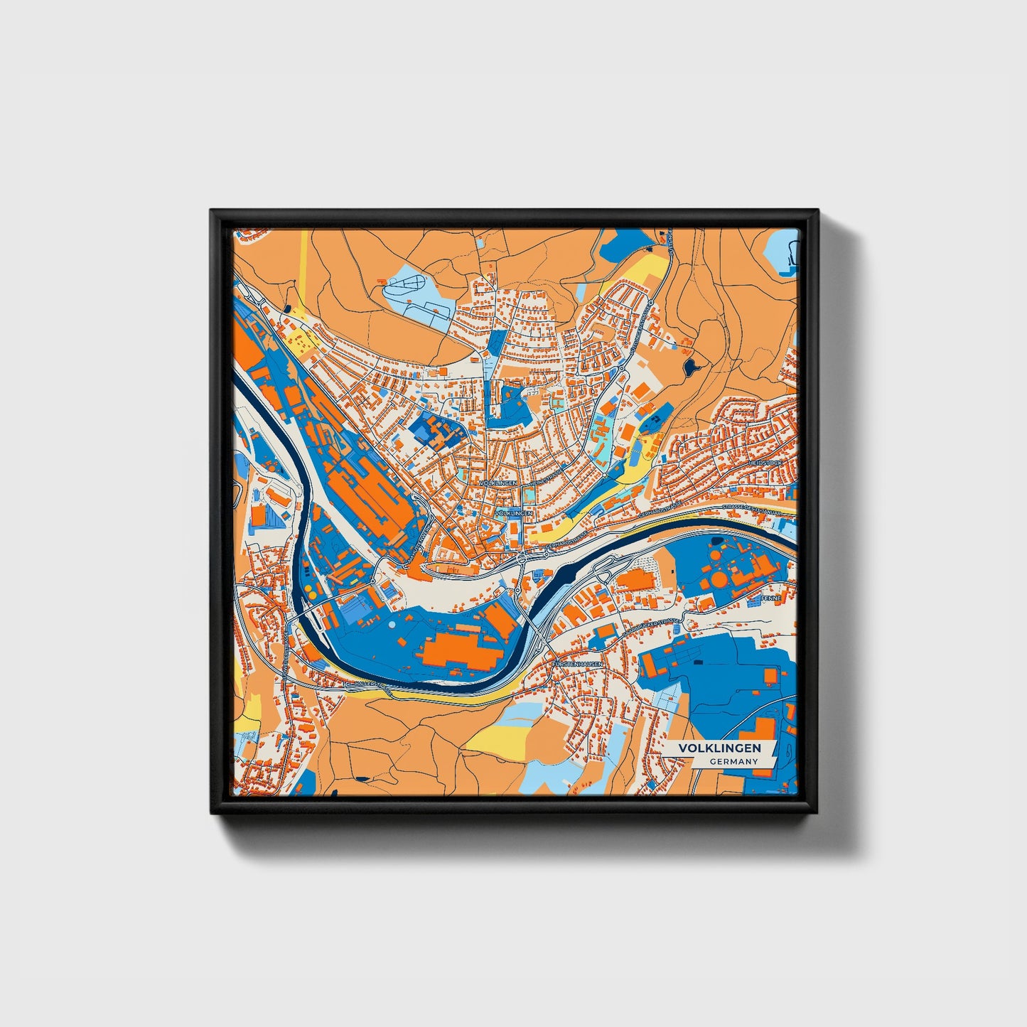 Völklingen Germany Colorful City Map Canvas Print • Black Framed