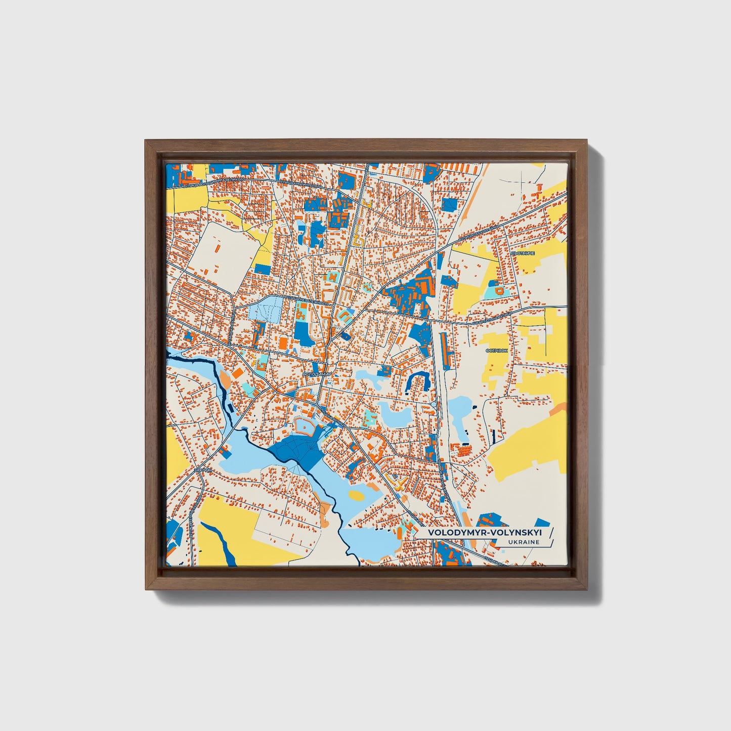 Володимир-Волинський Ukraine Colorful City Map Canvas Print • Dark Wooden Framed