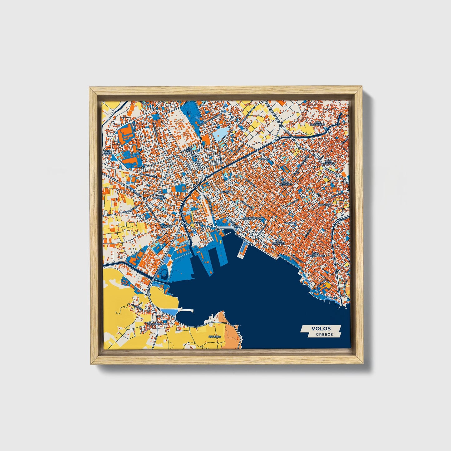 Βολος Greece Colorful City Map Canvas Print • Natural Wooden Framed