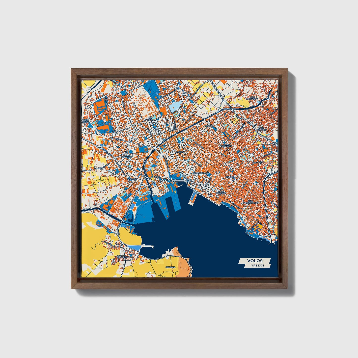 Βολος Greece Colorful City Map Canvas Print • Dark Wooden Framed