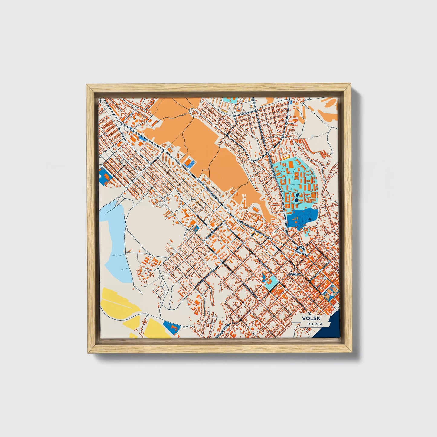 Вольск Russia Colorful City Map Canvas Print • Natural Wooden Framed