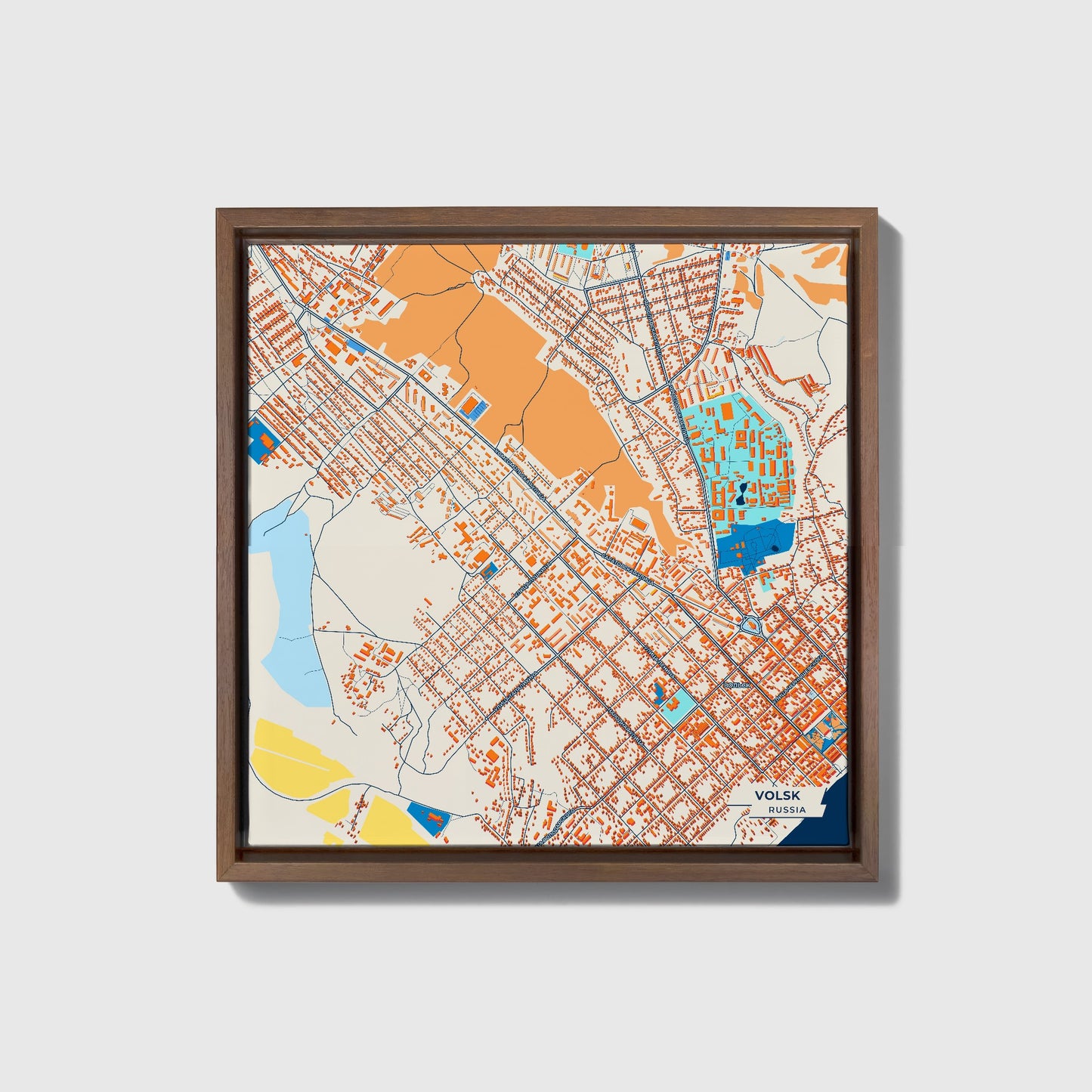 Вольск Russia Colorful City Map Canvas Print • Dark Wooden Framed