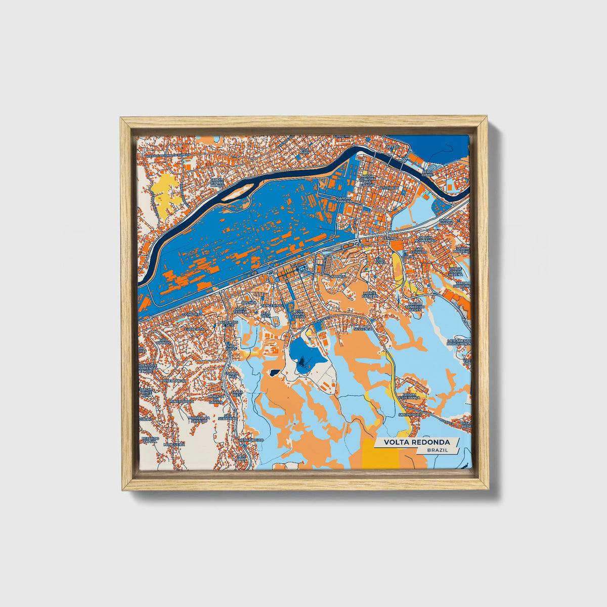 Volta Redonda Brazil Colorful City Map Canvas Print • Natural Wooden Framed