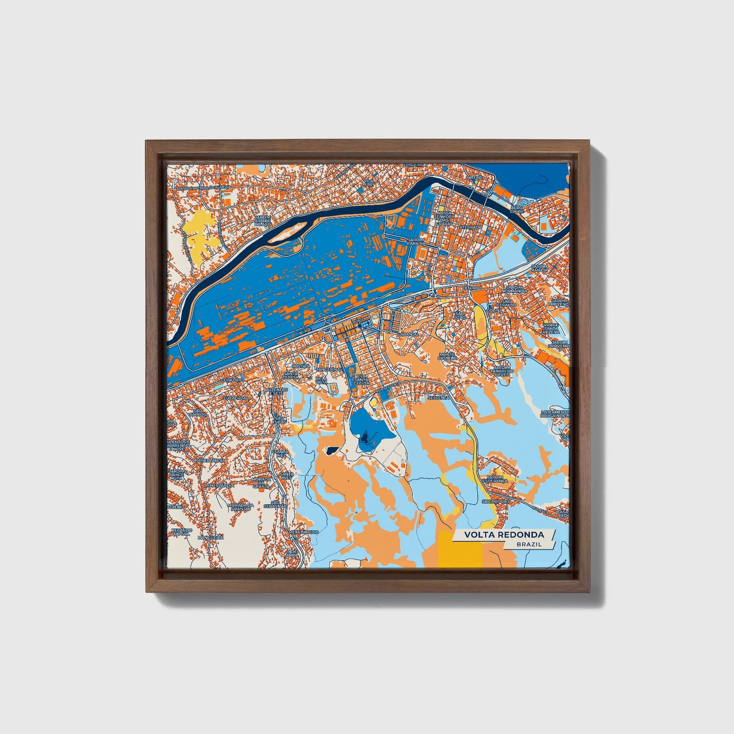 Volta Redonda Brazil Colorful City Map Canvas Print • Dark Wooden Framed