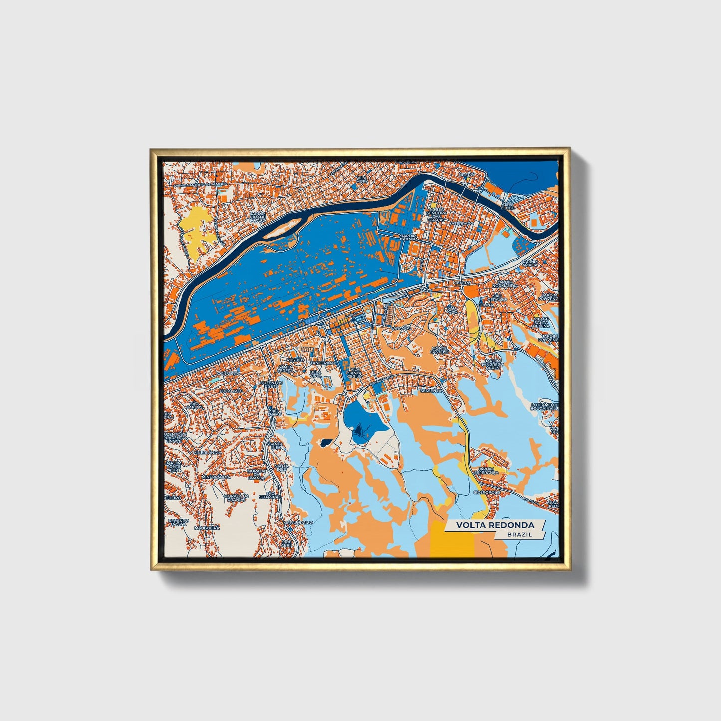 Volta Redonda Brazil Colorful City Map Canvas Print • Gold Framed