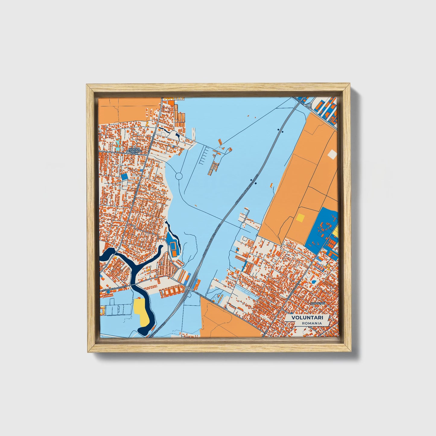 Voluntari Romania Colorful City Map Canvas Print • Natural Wooden Framed