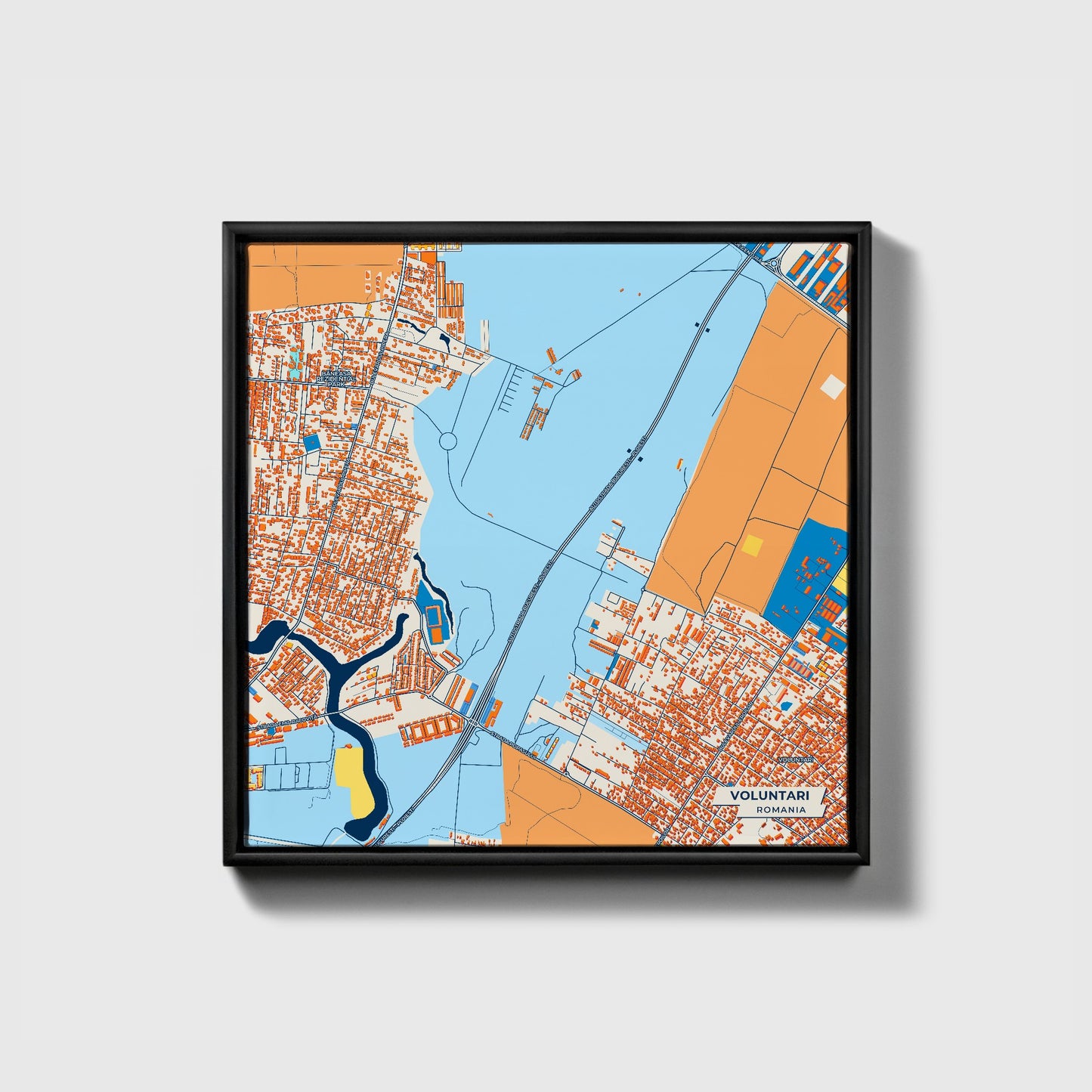 Voluntari Romania Colorful City Map Canvas Print • Black Framed
