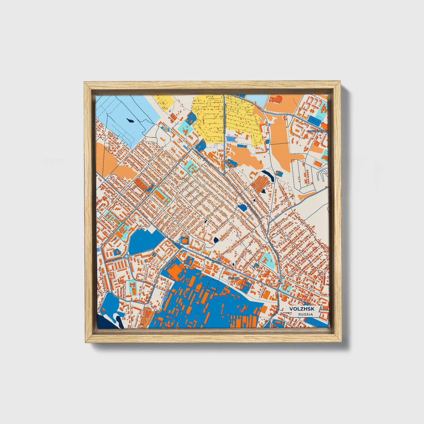 Волжск Russia Colorful City Map Canvas Print • Natural Wooden Framed