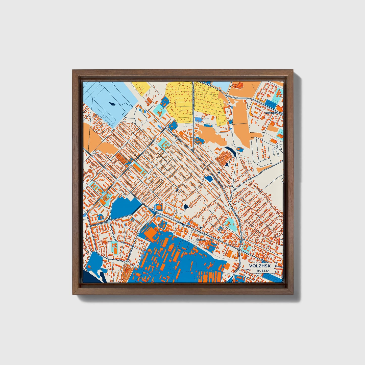 Волжск Russia Colorful City Map Canvas Print • Dark Wooden Framed