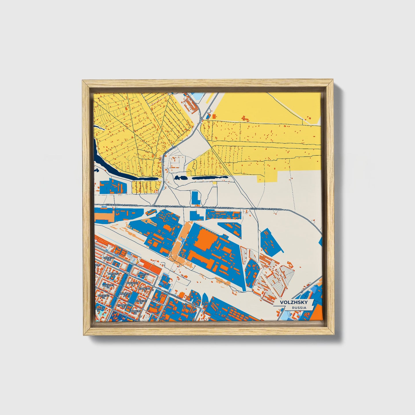 Волжский Russia Colorful City Map Canvas Print • Natural Wooden Framed