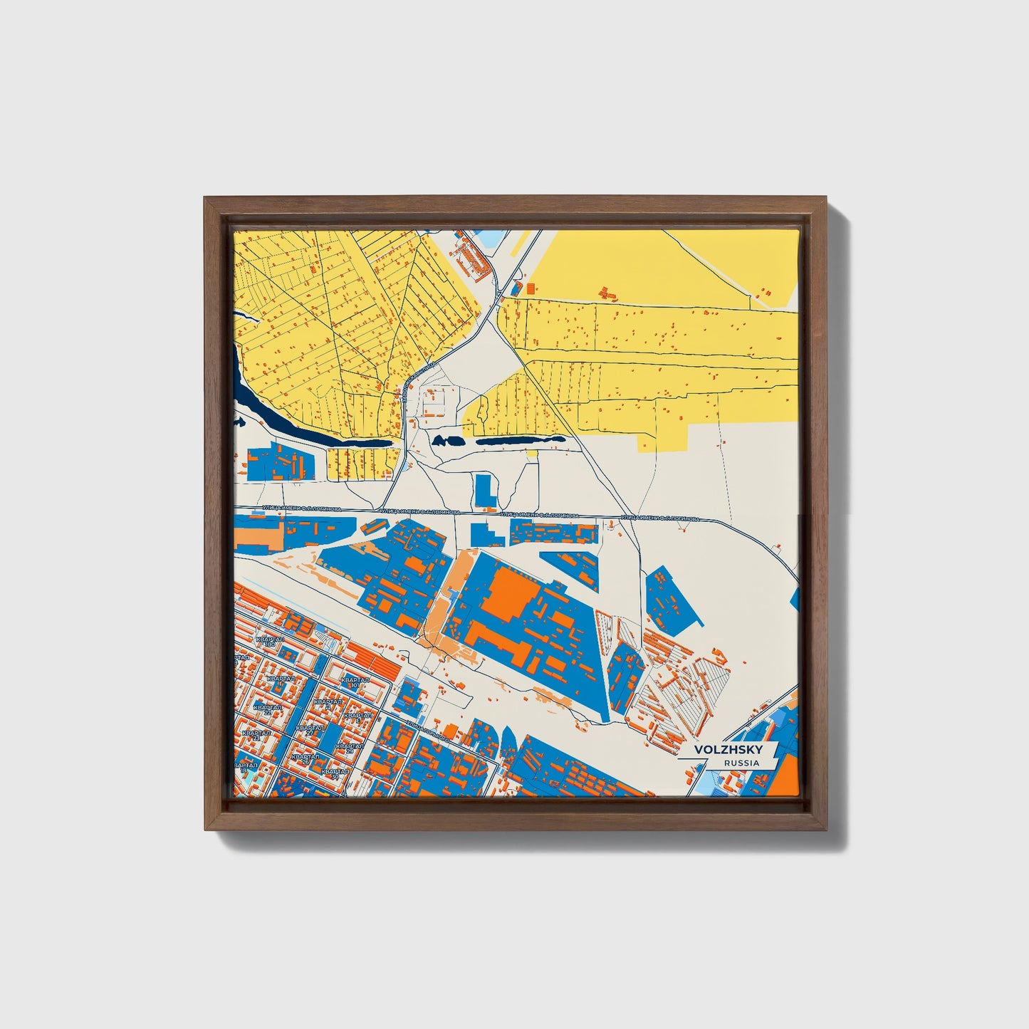 Волжский Russia Colorful City Map Canvas Print • Dark Wooden Framed
