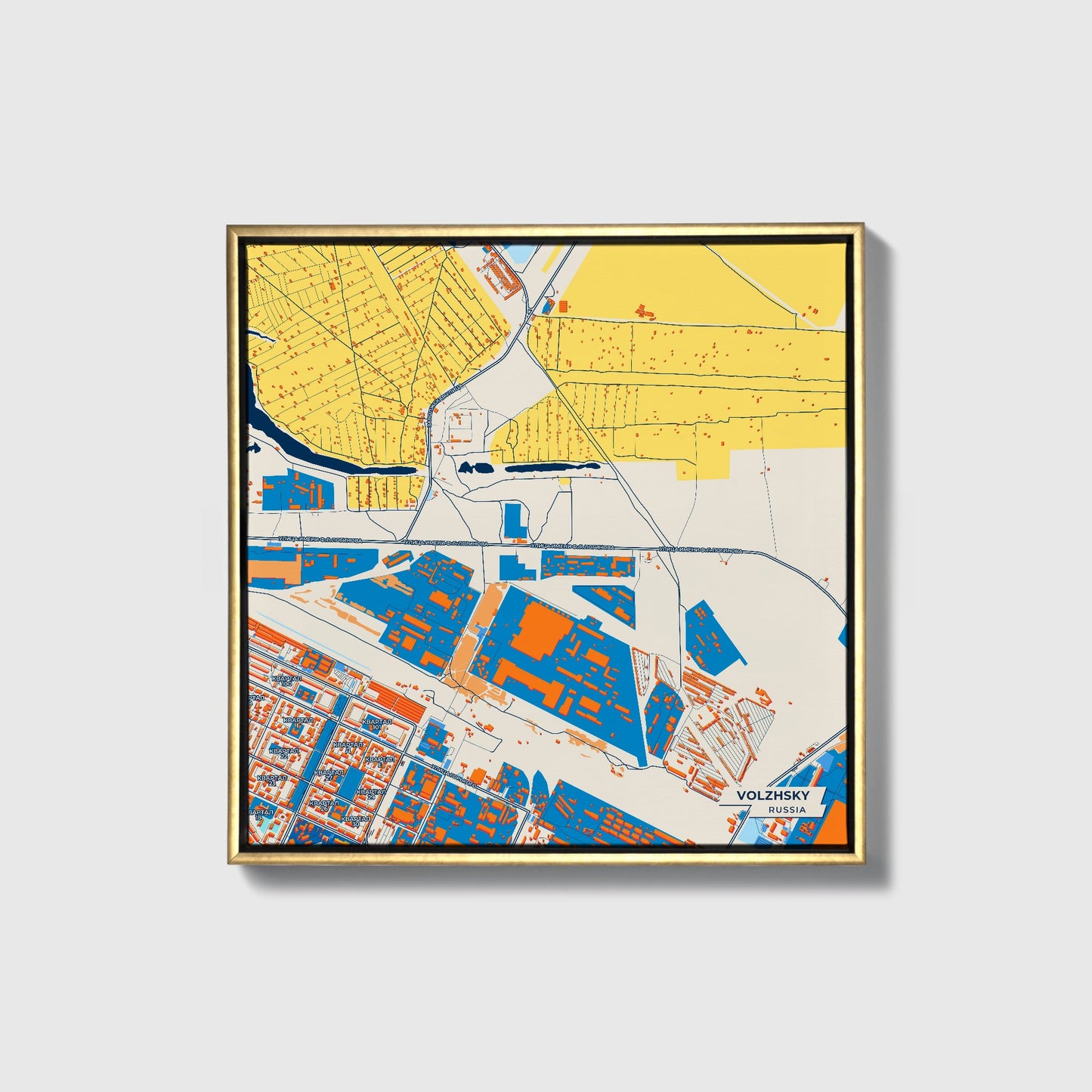 Волжский Russia Colorful City Map Canvas Print • Gold Framed