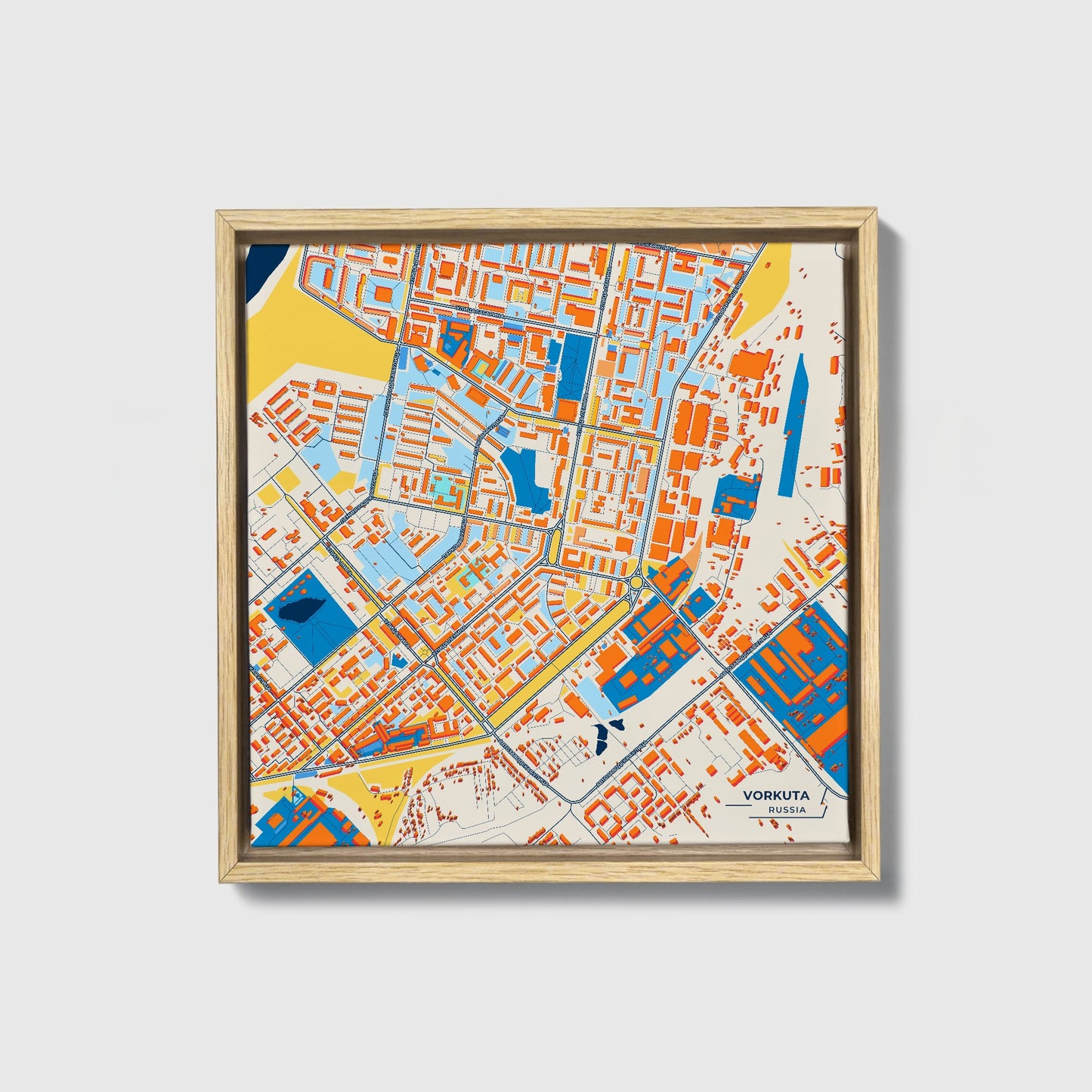 Воркута Russia Colorful City Map Canvas Print • Natural Wooden Framed