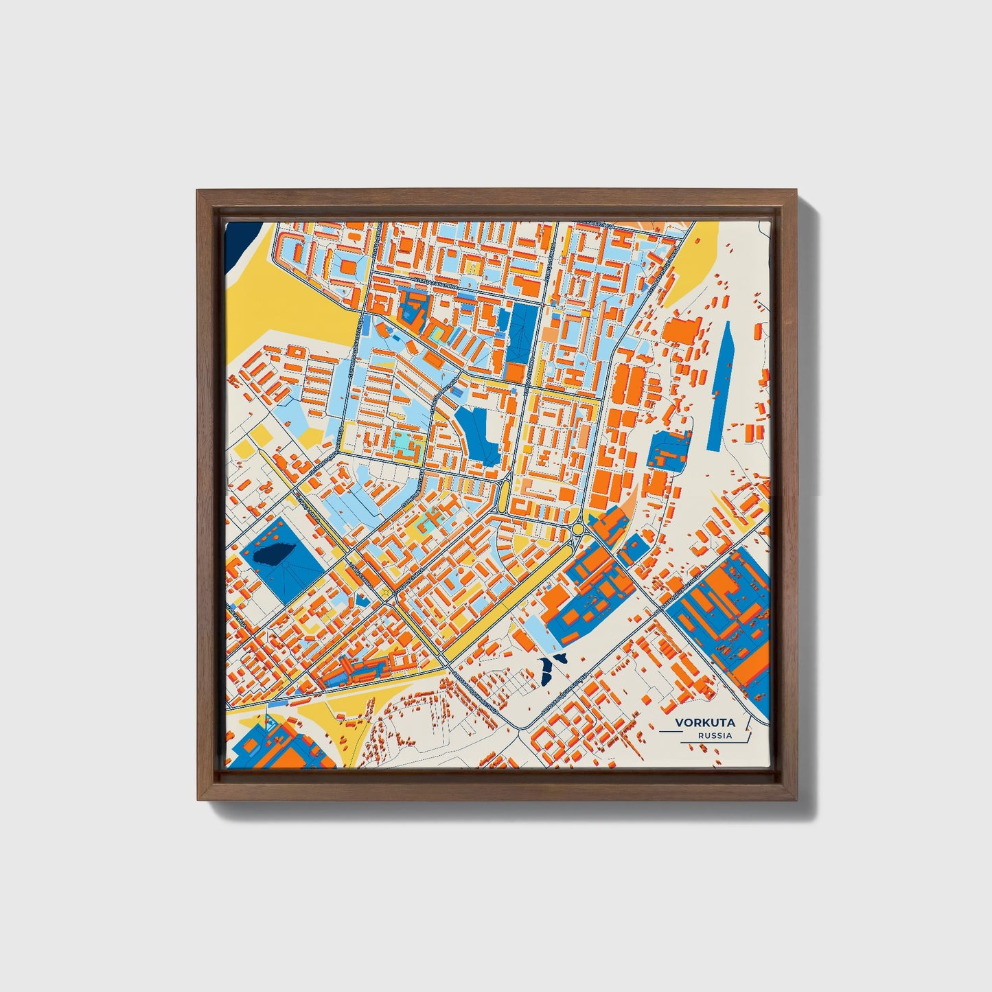 Воркута Russia Colorful City Map Canvas Print • Dark Wooden Framed