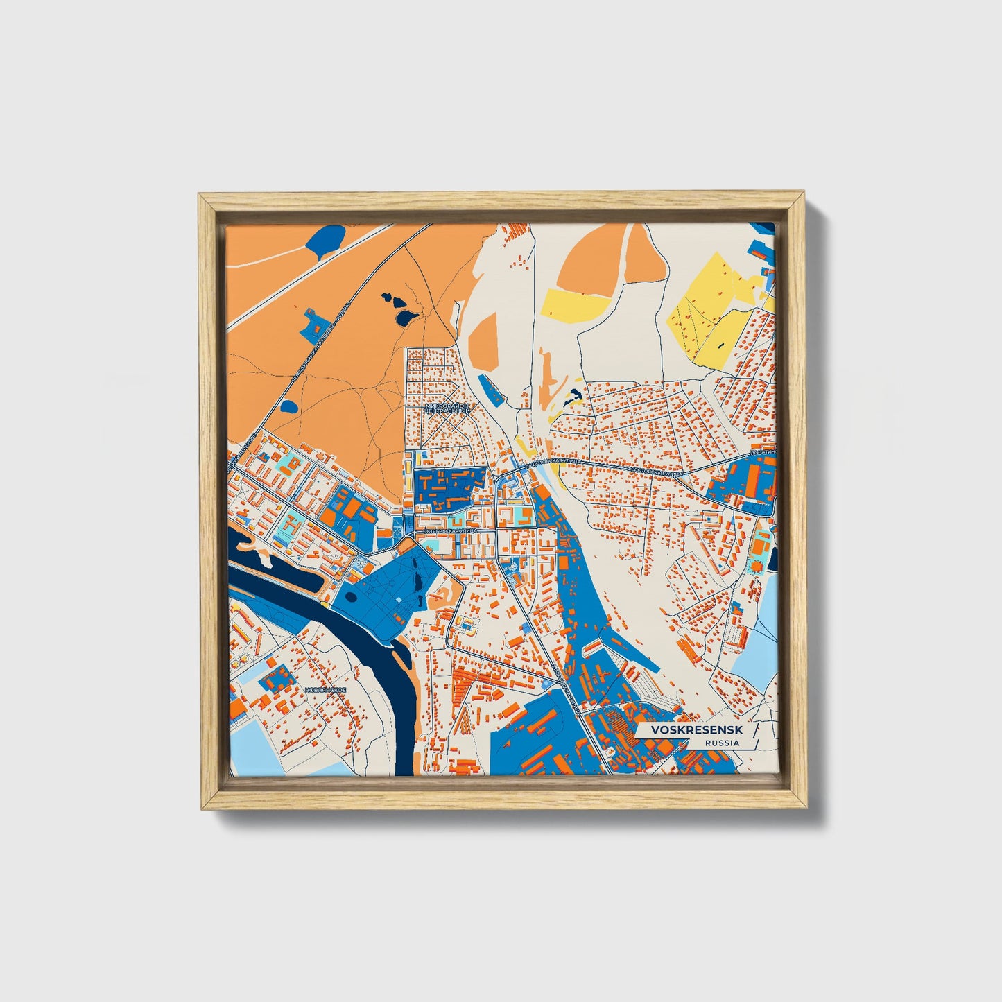 Воскресенске Russia Colorful City Map Canvas Print • Natural Wooden Framed