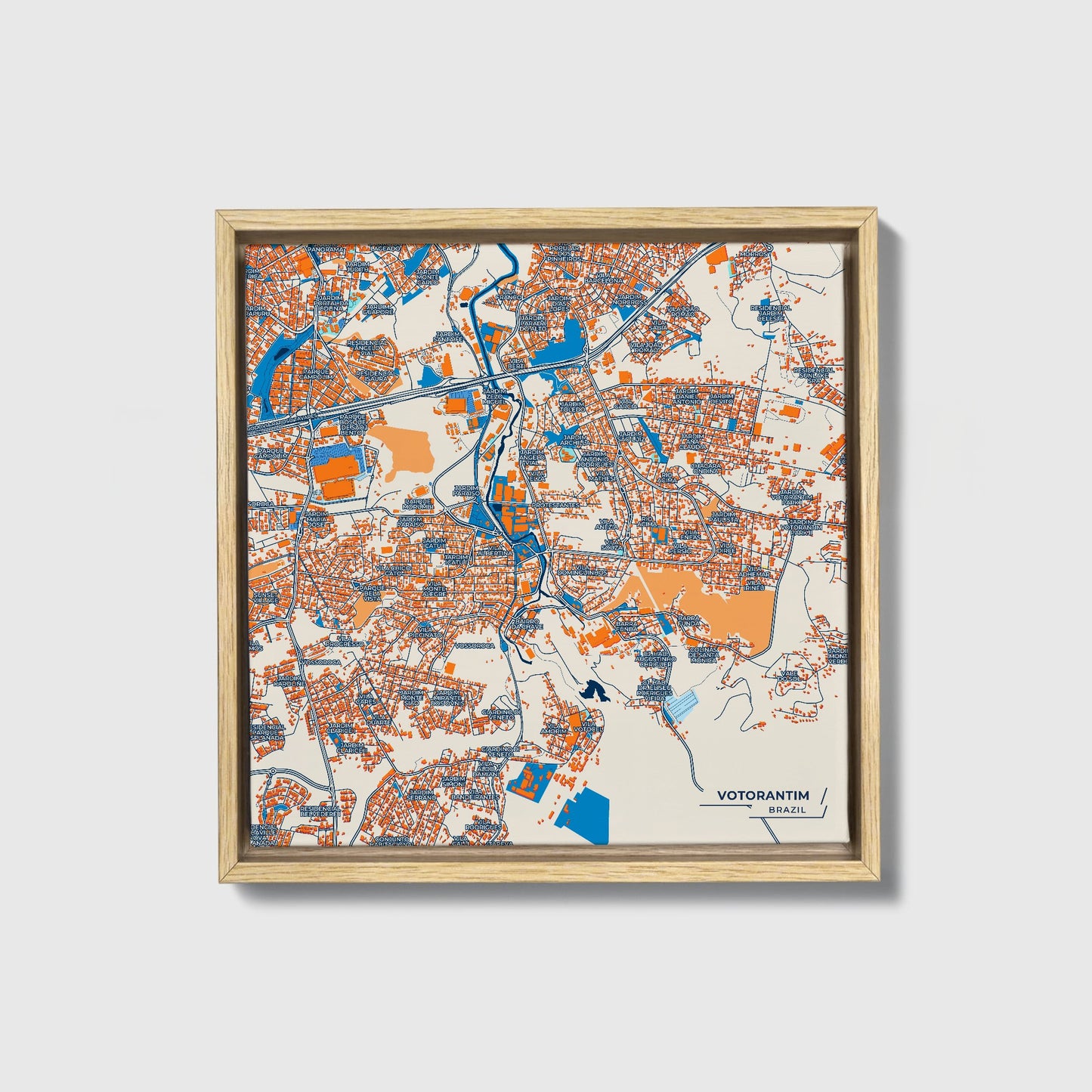 Votorantim Brazil Colorful City Map Canvas Print • Natural Wooden Framed