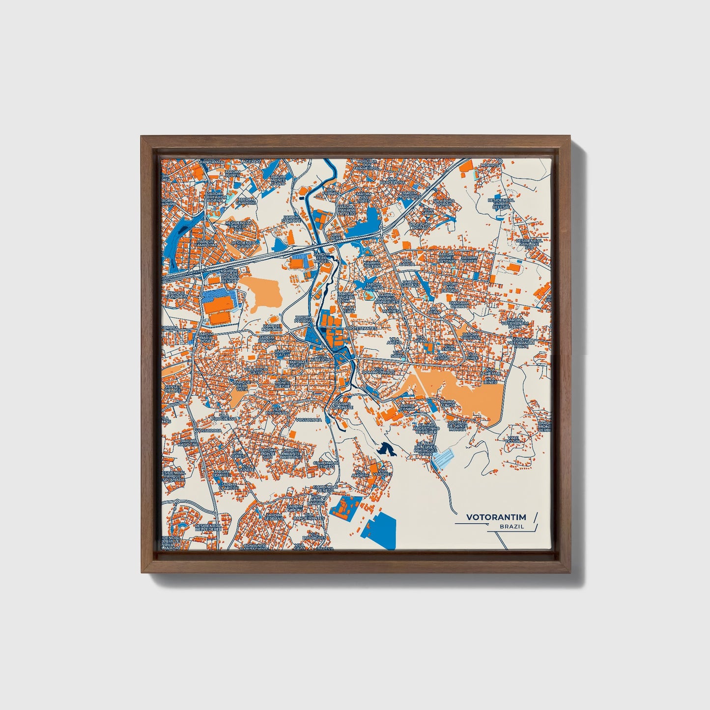 Votorantim Brazil Colorful City Map Canvas Print • Dark Wooden Framed
