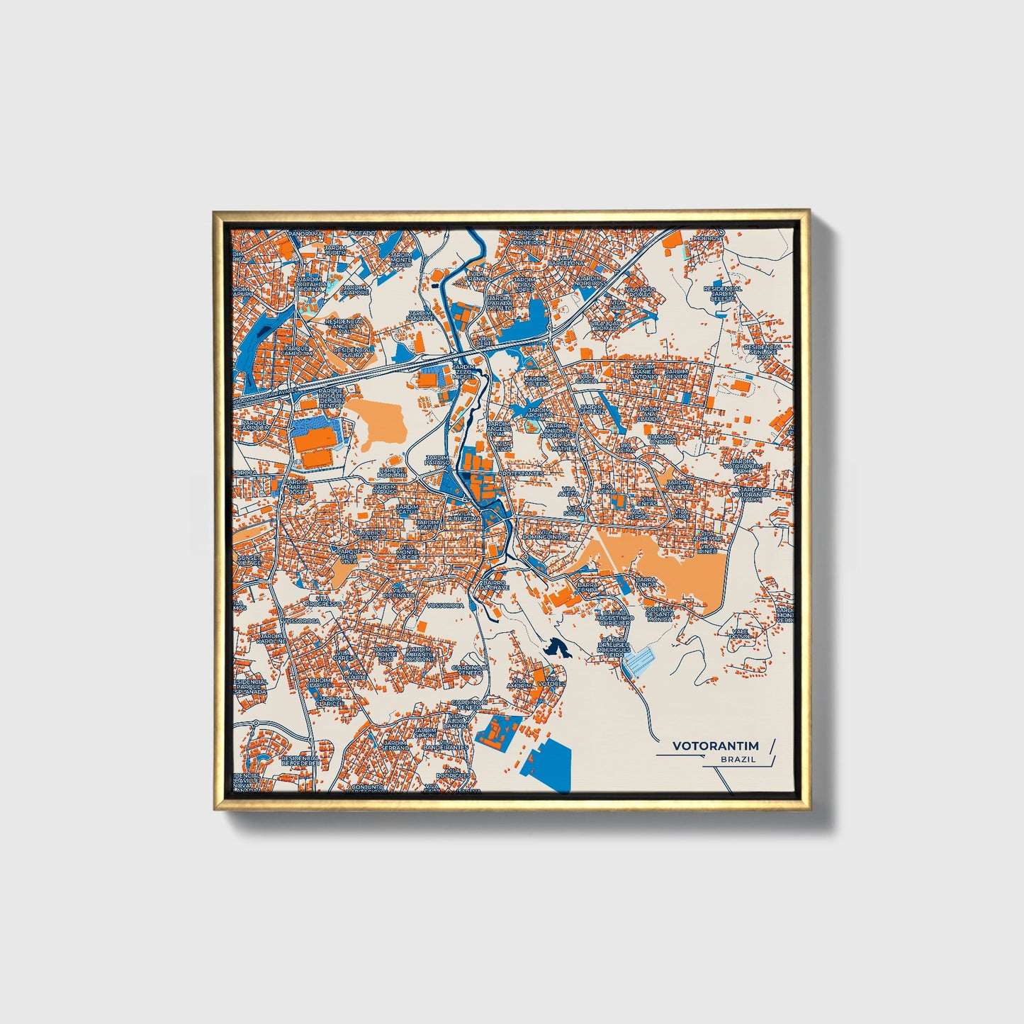 Votorantim Brazil Colorful City Map Canvas Print • Gold Framed