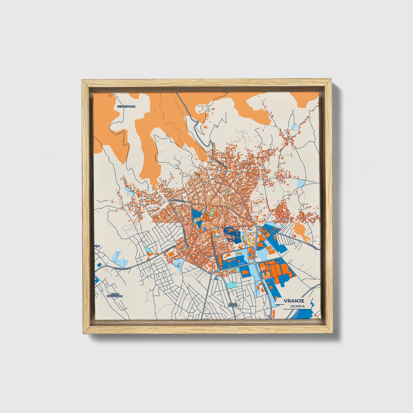 Врање Serbia Colorful City Map Canvas Print • Natural Wooden Framed