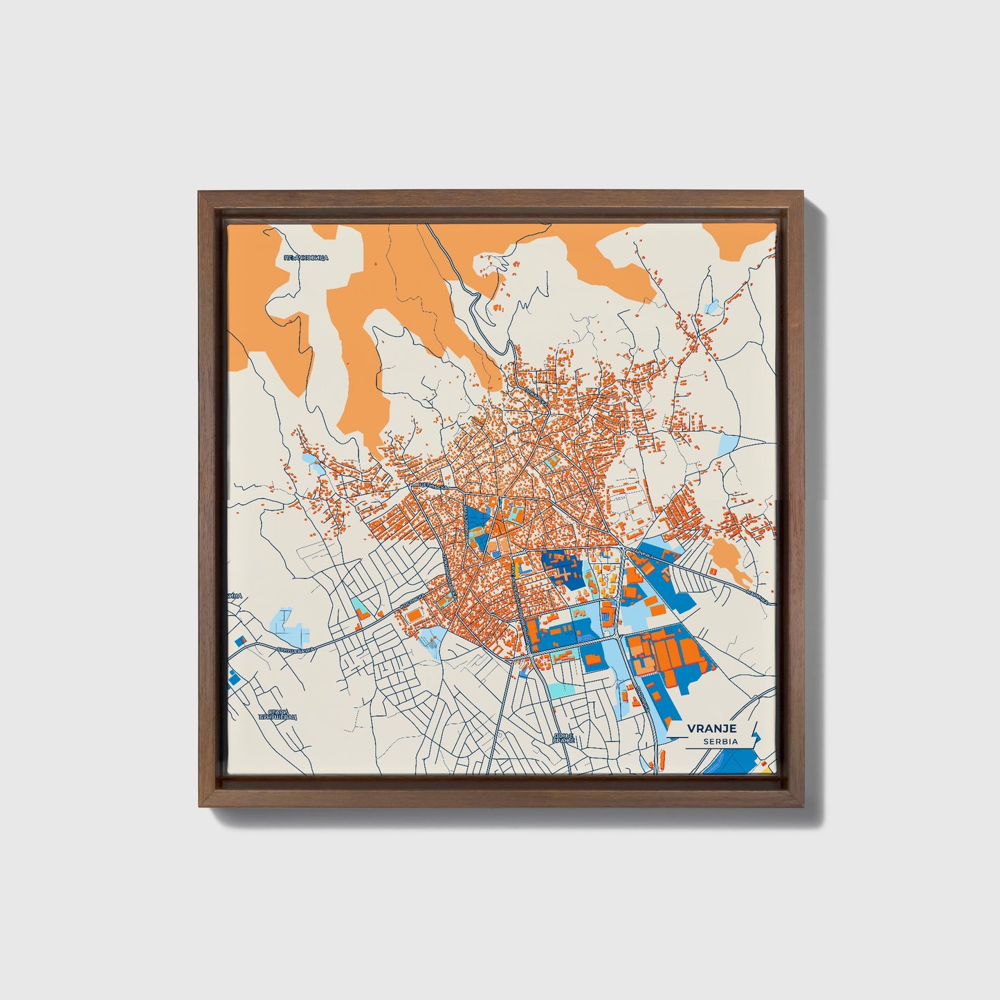 Врање Serbia Colorful City Map Canvas Print • Dark Wooden Framed