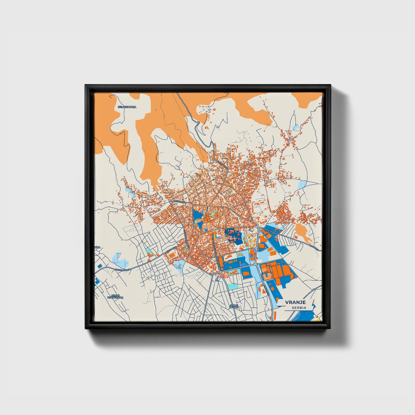Врање Serbia Colorful City Map Canvas Print • Black Framed