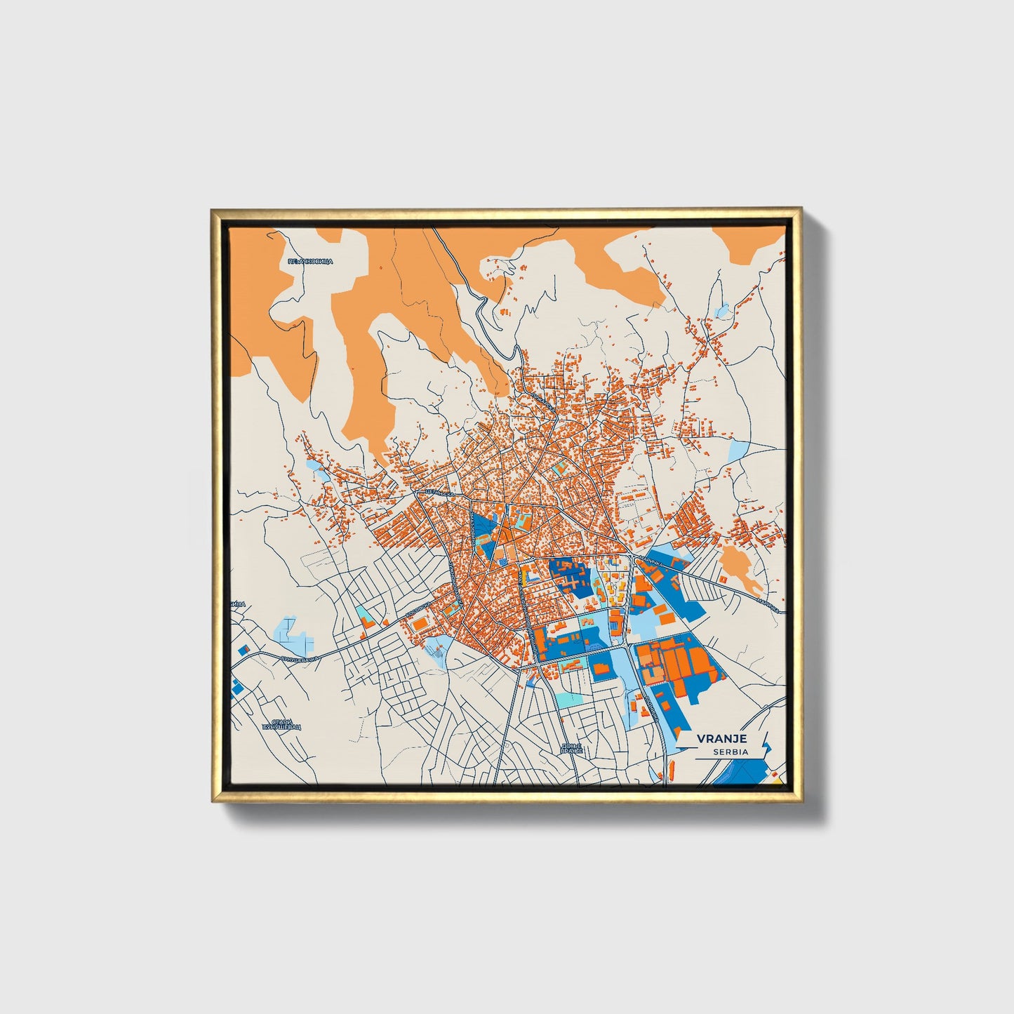 Врање Serbia Colorful City Map Canvas Print • Gold Framed