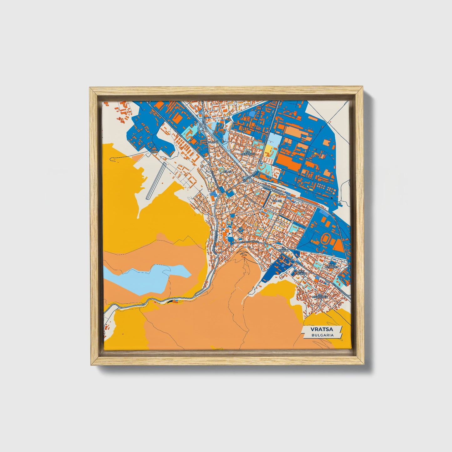 Враца Bulgaria Colorful City Map Canvas Print • Natural Wooden Framed