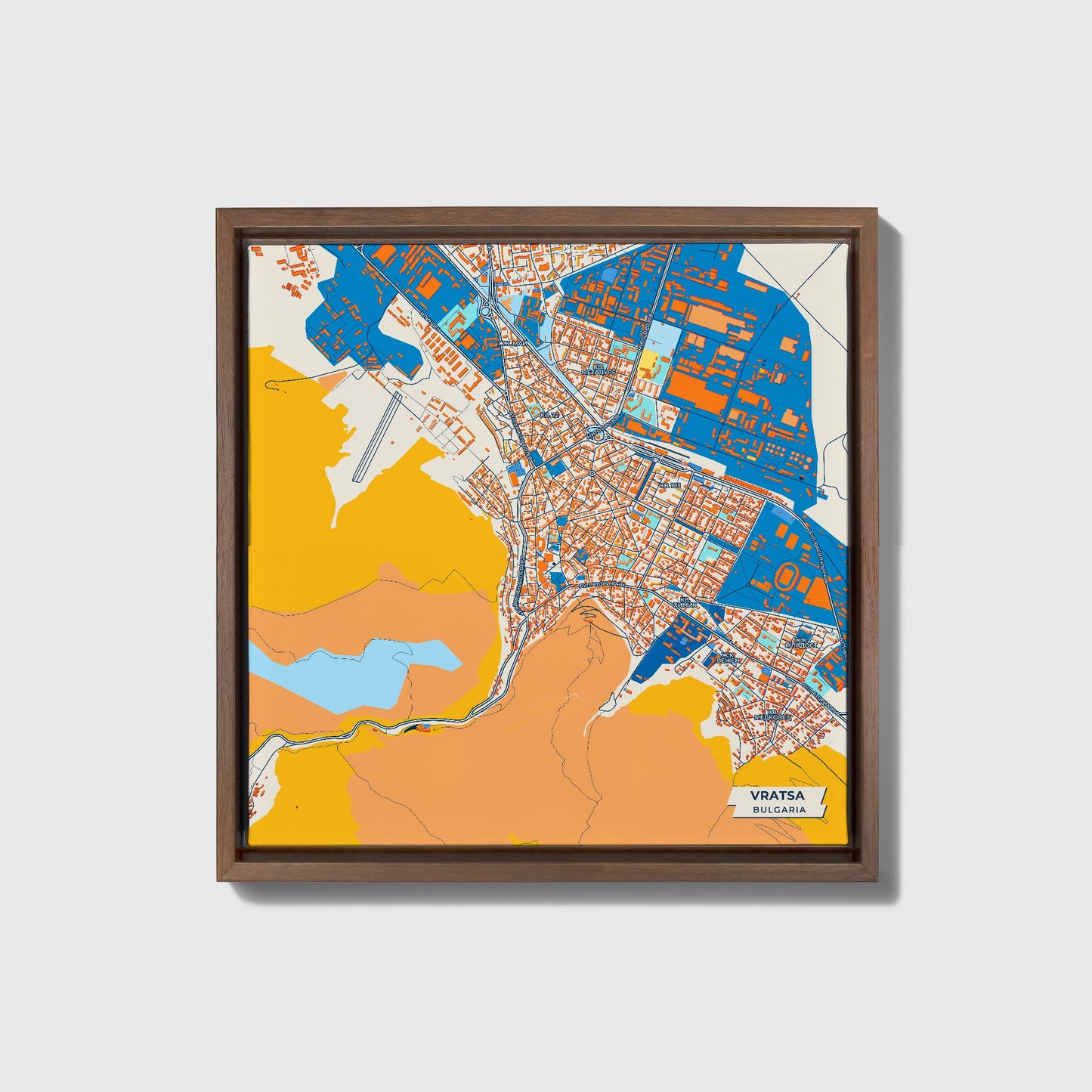 Враца Bulgaria Colorful City Map Canvas Print • Dark Wooden Framed
