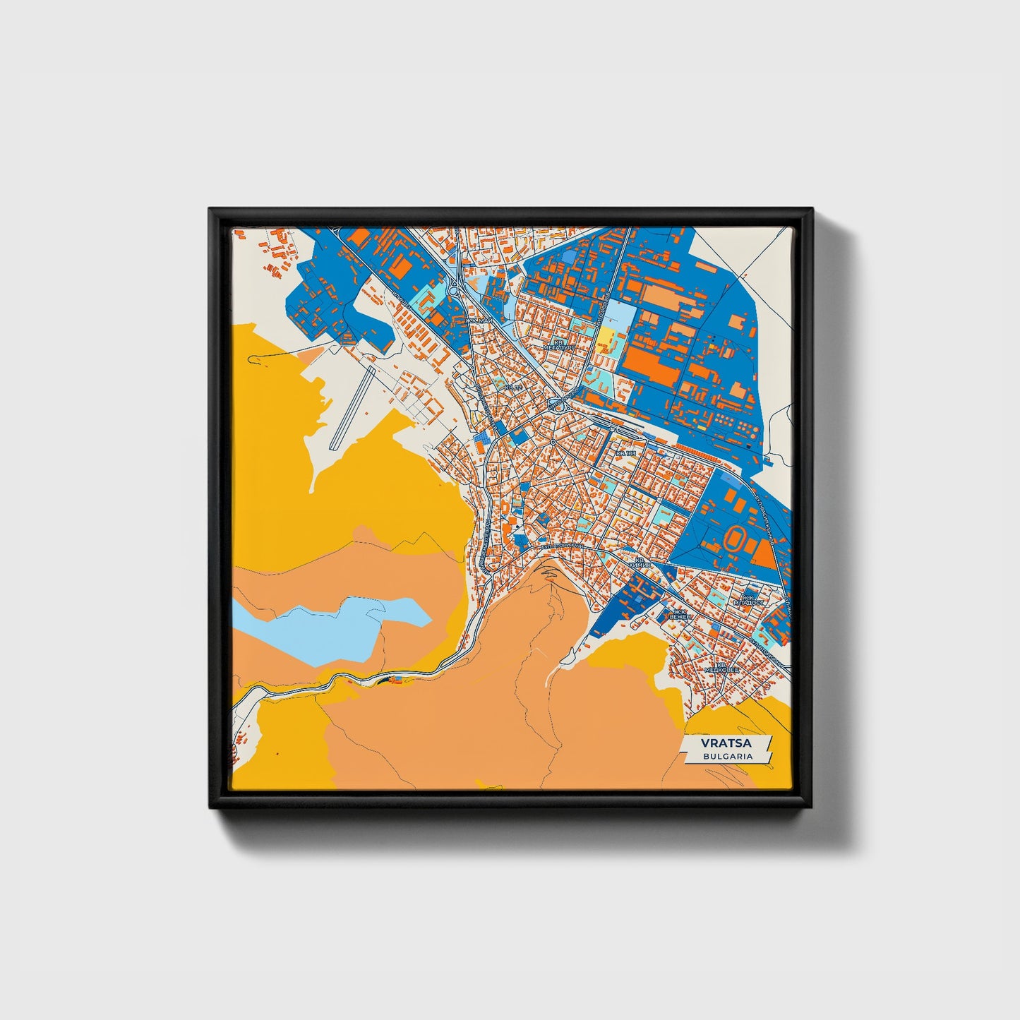 Враца Bulgaria Colorful City Map Canvas Print • Black Framed