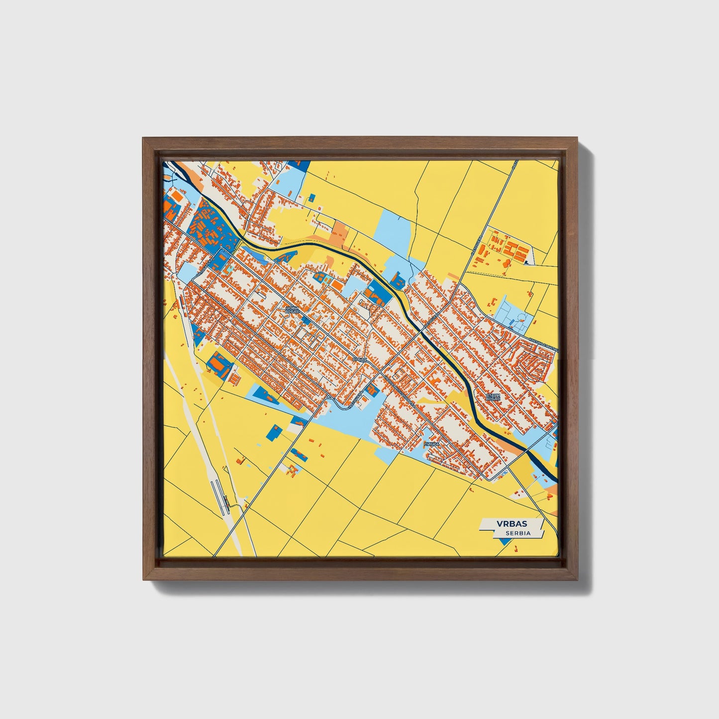 Врбас Serbia Colorful City Map Canvas Print • Dark Wooden Framed