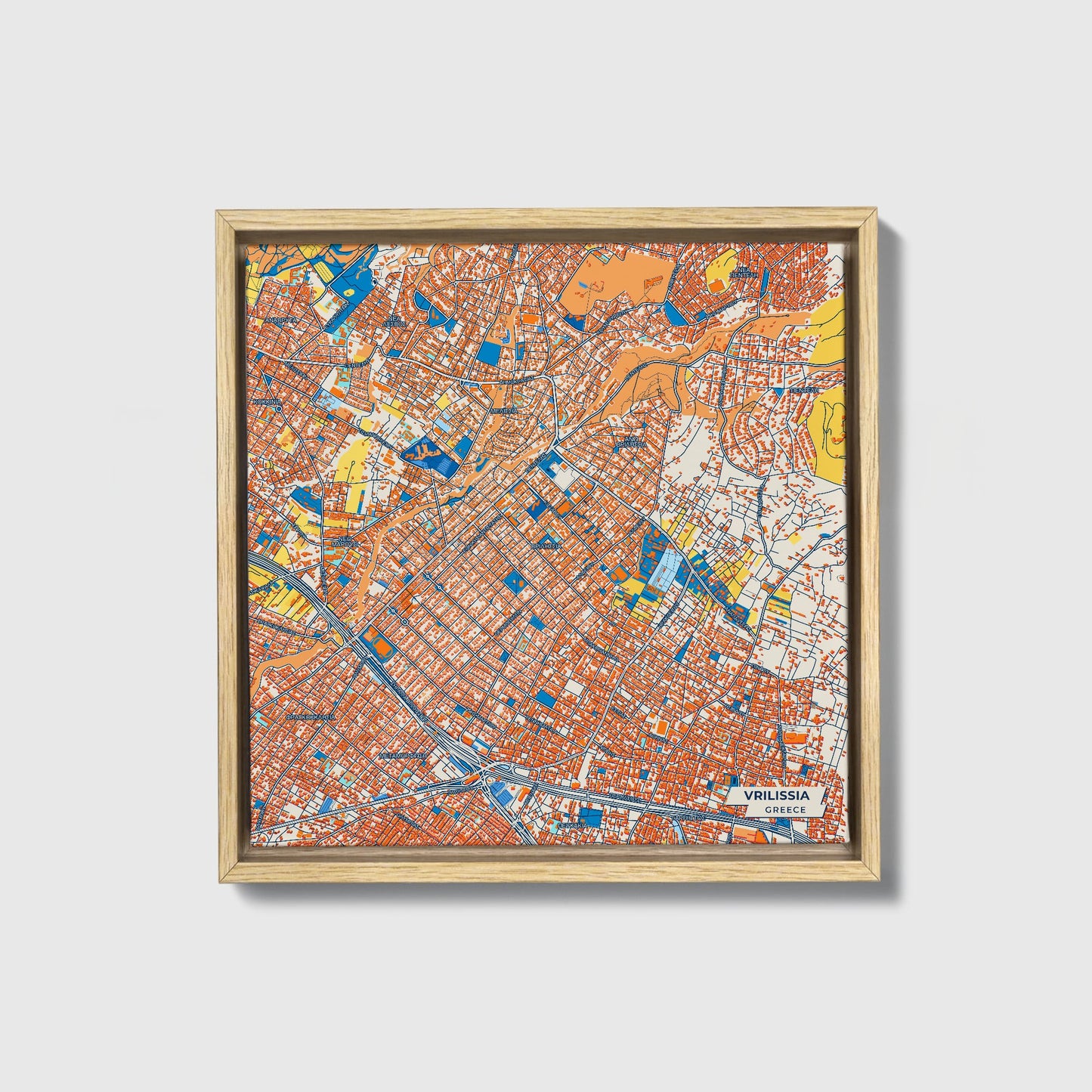 Βριλησσια Greece Colorful City Map Canvas Print • Natural Wooden Framed