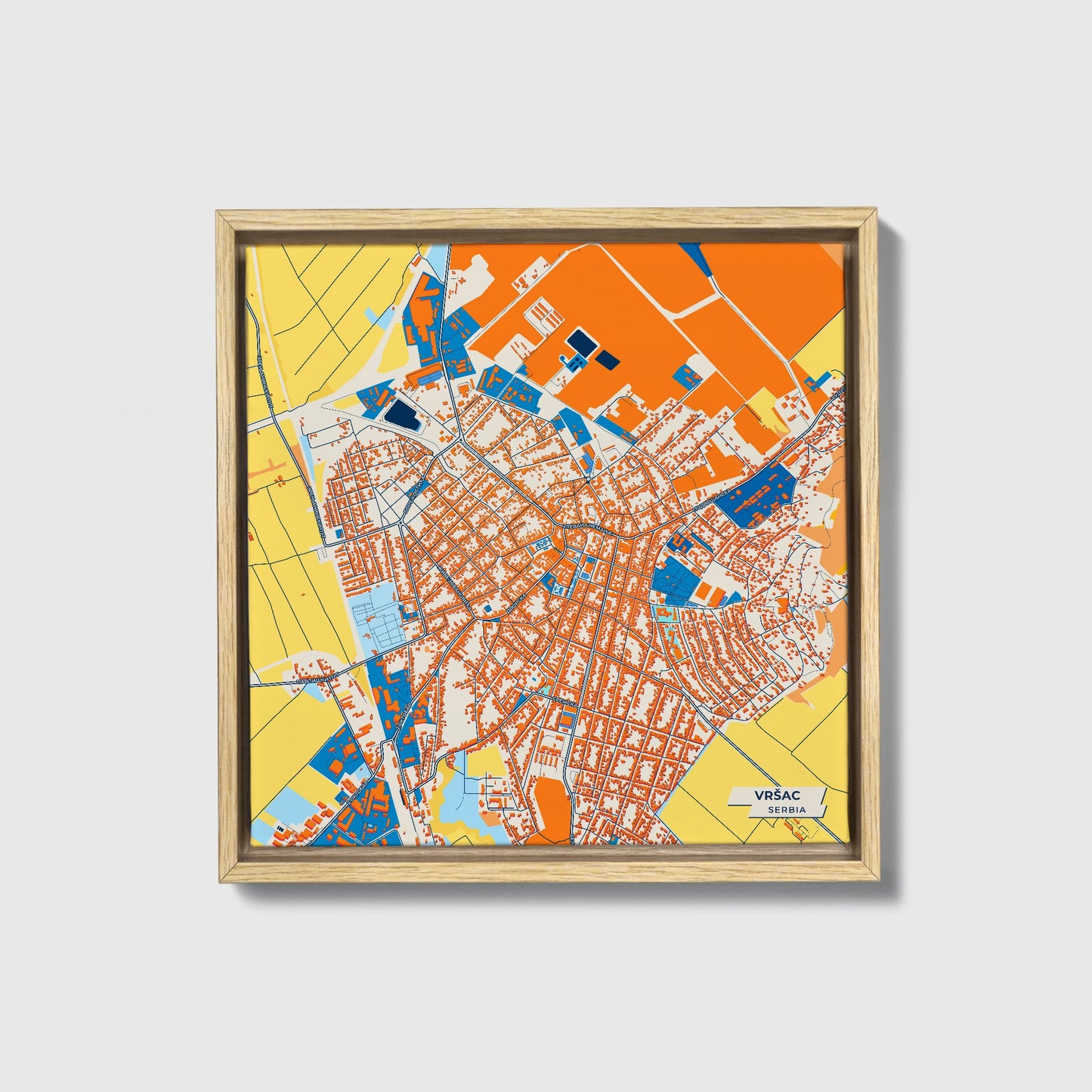 Вршац Serbia Colorful City Map Canvas Print • Natural Wooden Framed