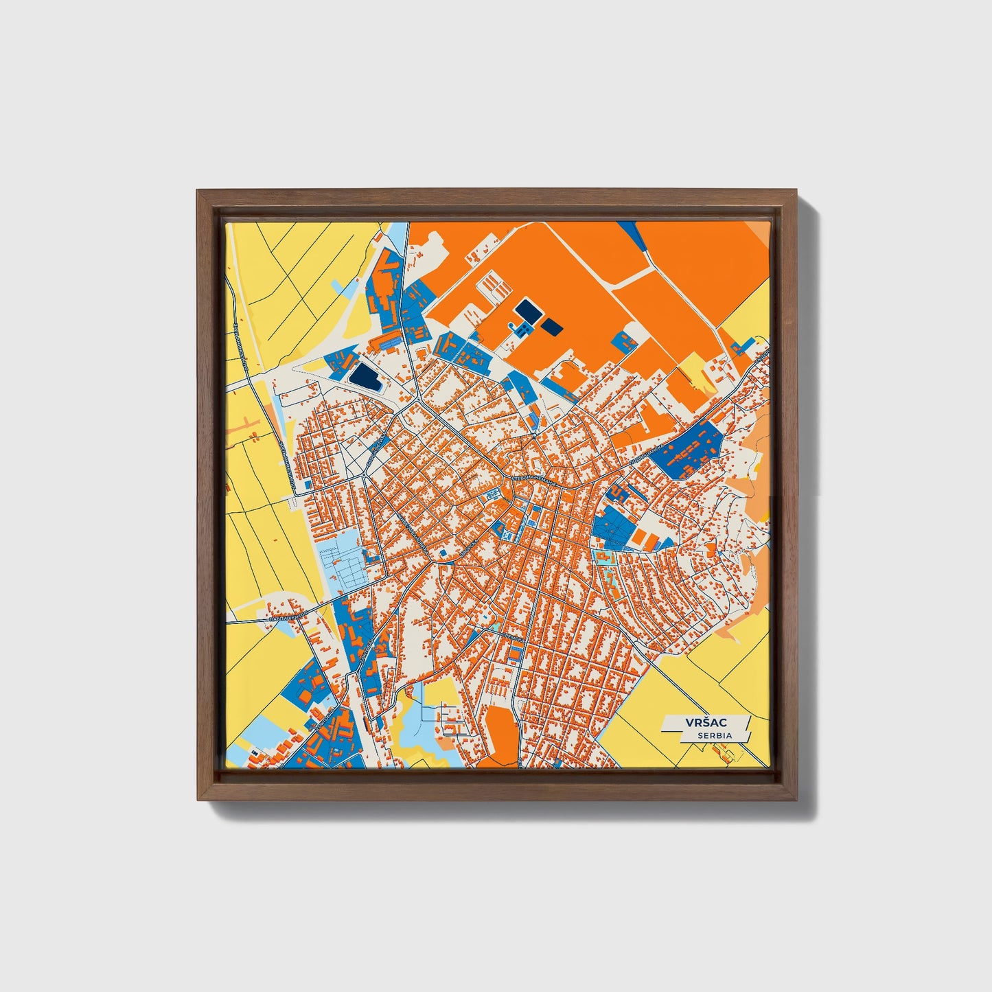 Вршац Serbia Colorful City Map Canvas Print • Dark Wooden Framed