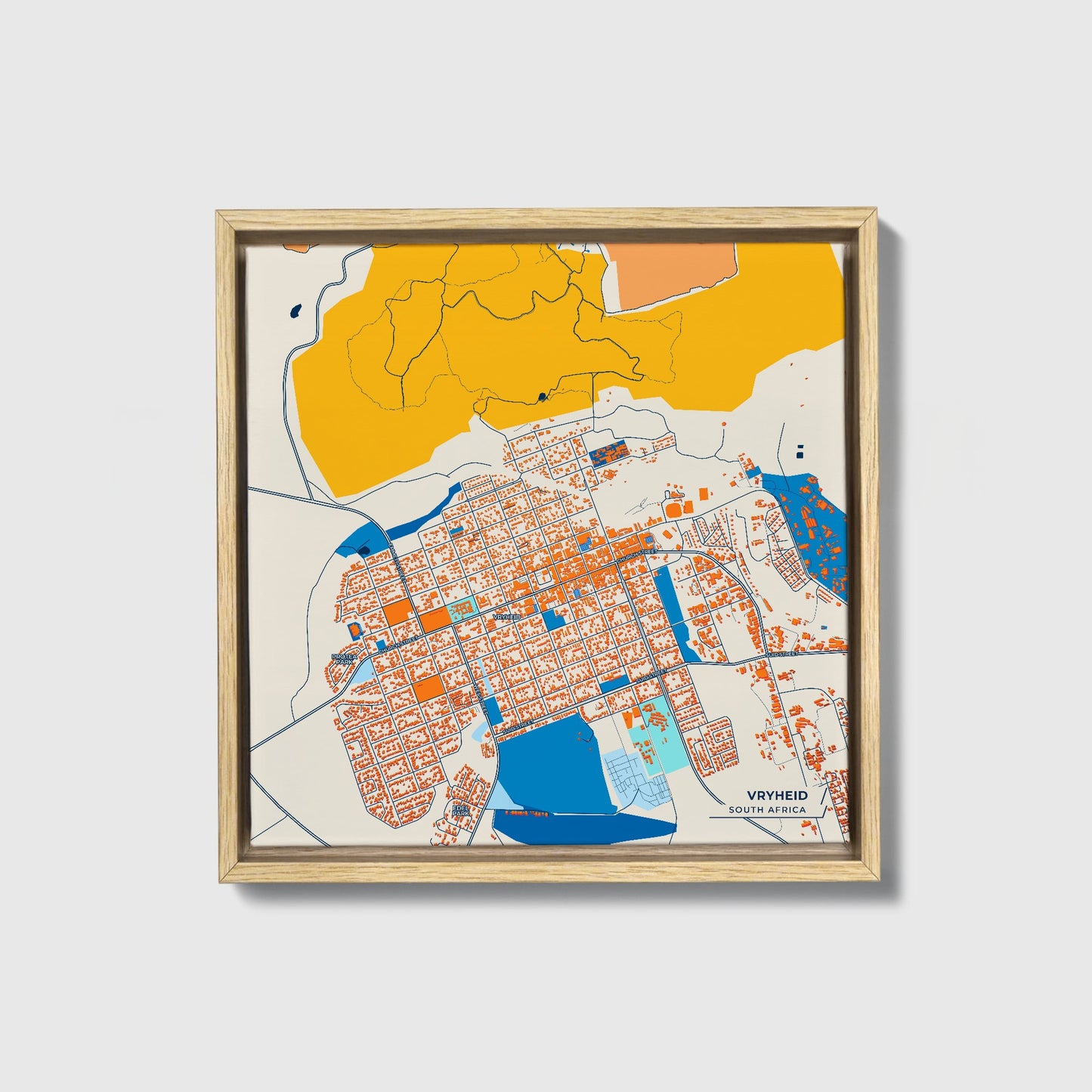 Vryheid South Africa Colorful City Map Canvas Print • Natural Wooden Framed
