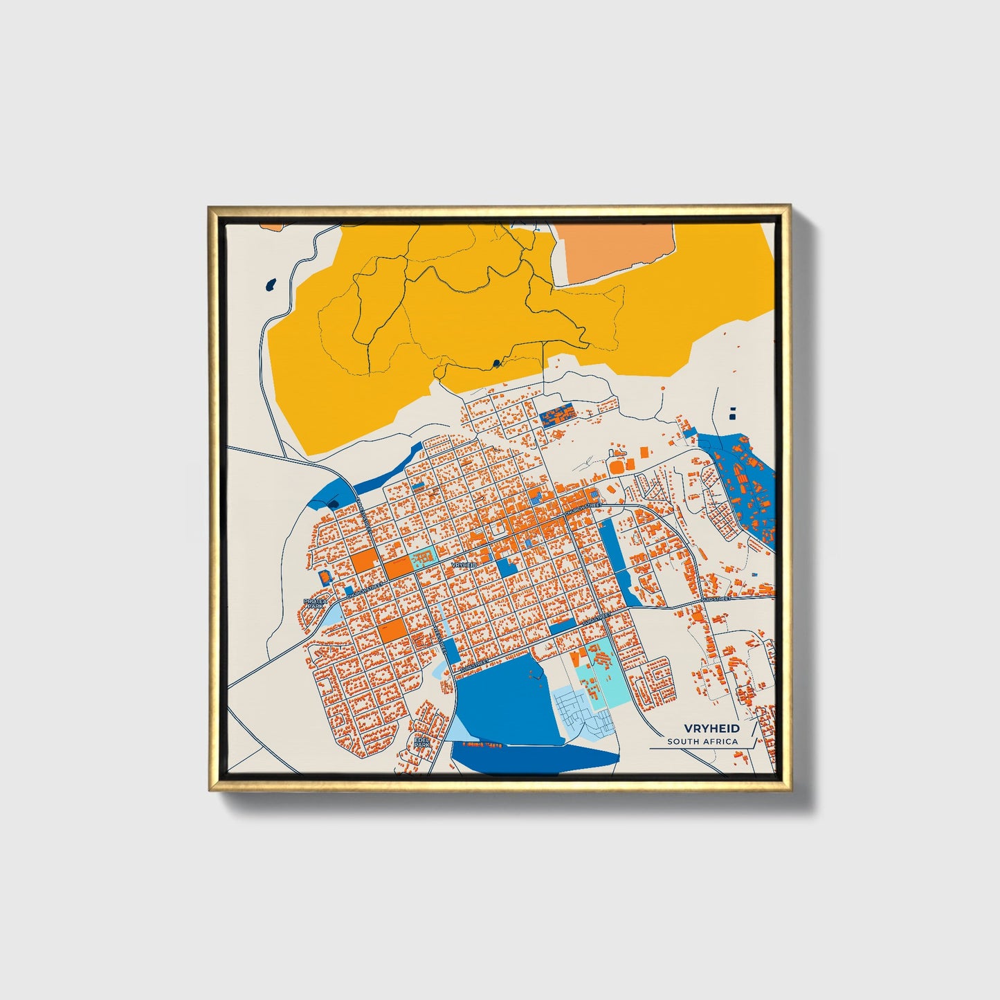 Vryheid South Africa Colorful City Map Canvas Print • Gold Framed